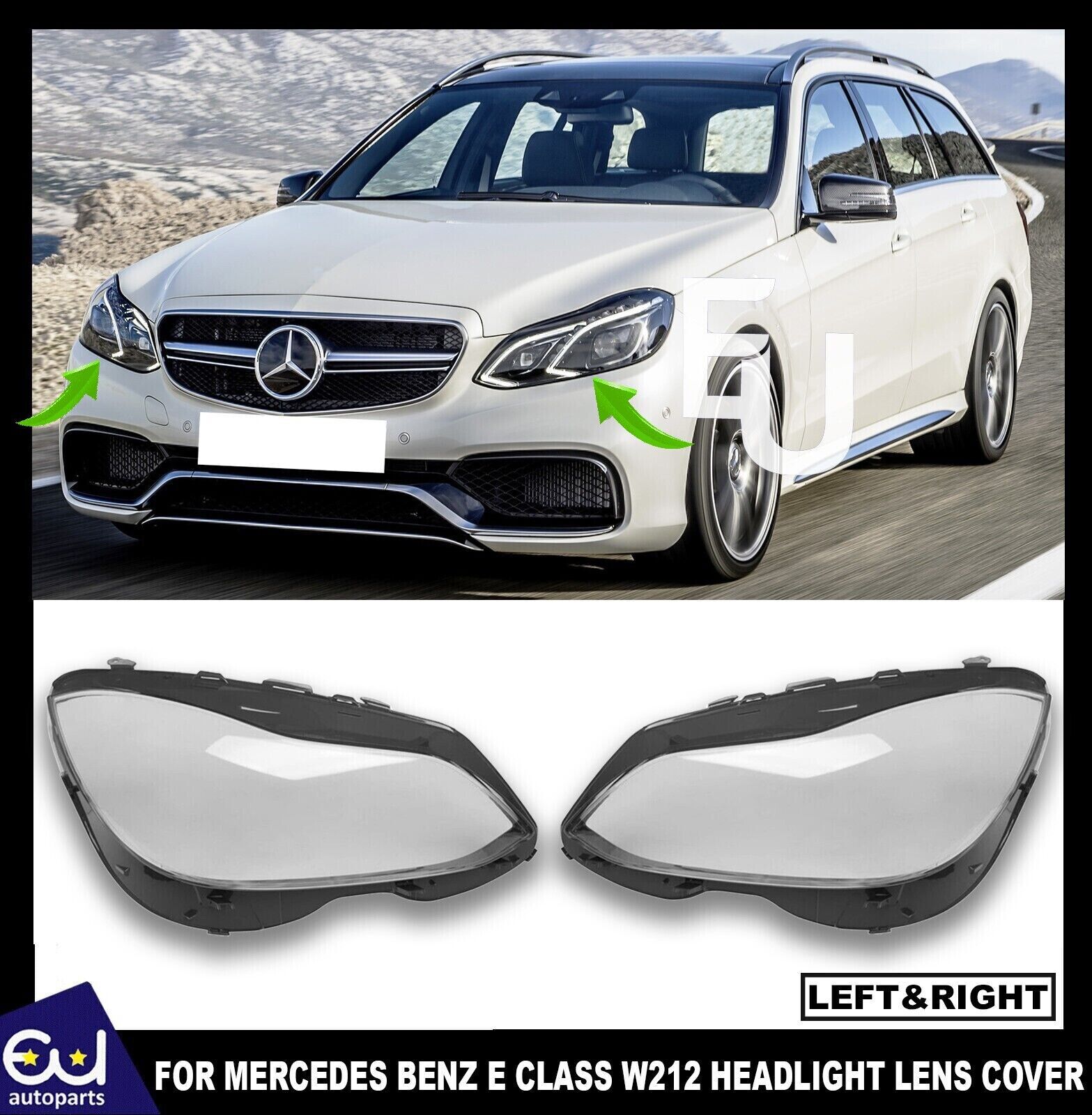 PAIR HEADLIGHT HEADLAMP LENS COVER FOR MERCEDES BENZ E CLASS W212 S212 2013-2016