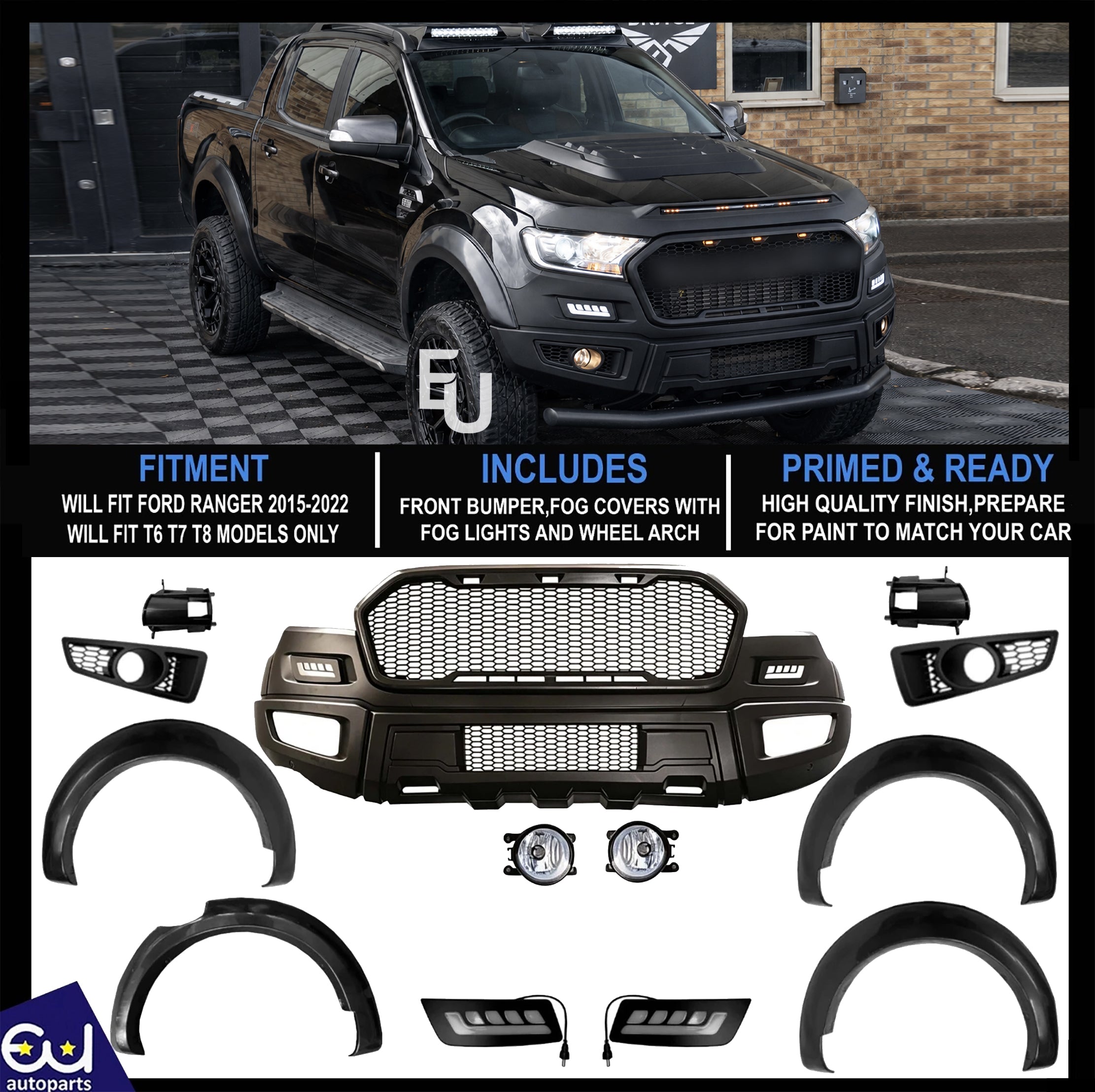 RAPTOR STYLE BODY KIT FOR FORD RANGER T7 T8 2015-2022 FRONT BUMPER GRILLE ARCHES