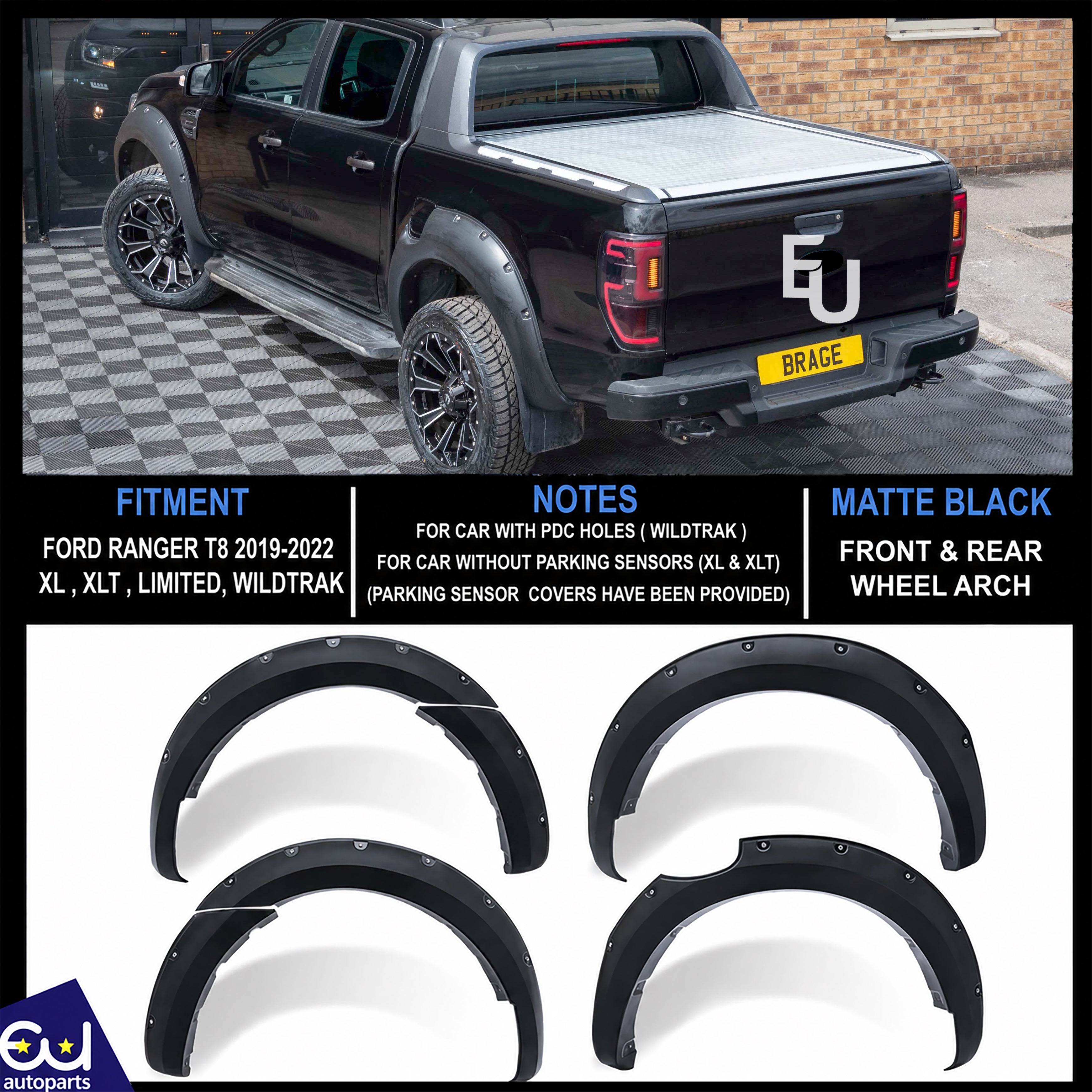 MATTE BLACK WHEEL ARCH FENDER FLARE FOR FORD RANGER T8 2019-22 WILDTRAK XL XLT