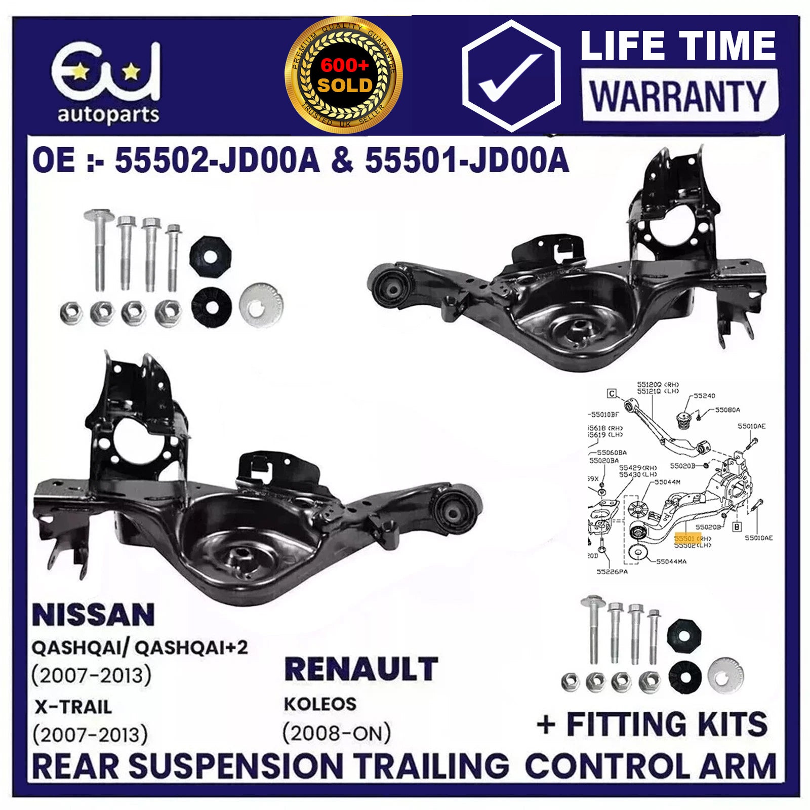 REAR LOWER PAIR SUSPENSION CONTROL TRAILING ARM FOR NISSAN QASHQAI+FITTING KITS