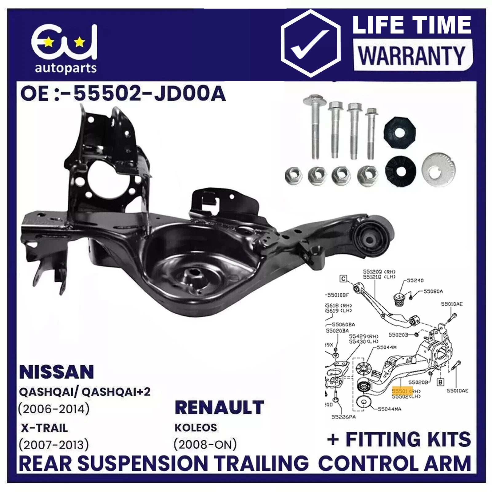 REAR LOWER LEFT SUSPENSION TRAILING CONTROL ARM FOR NISSAN QASHQAI +FITTING KIT