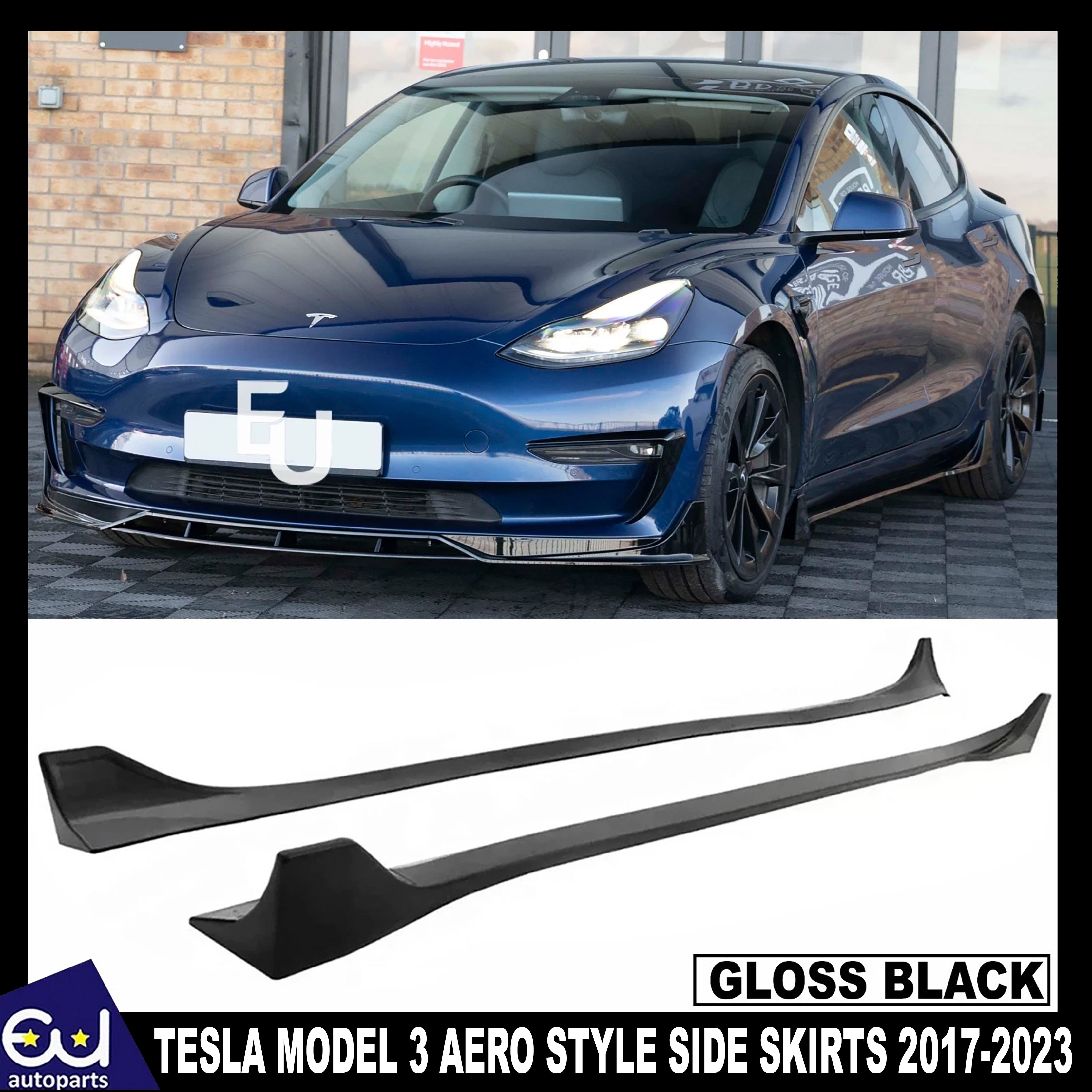 FOR TESLA MODEL 3 SIDE SKIRTS EXTENSION AERO STYLE GLOSS BLACK 2017-2023