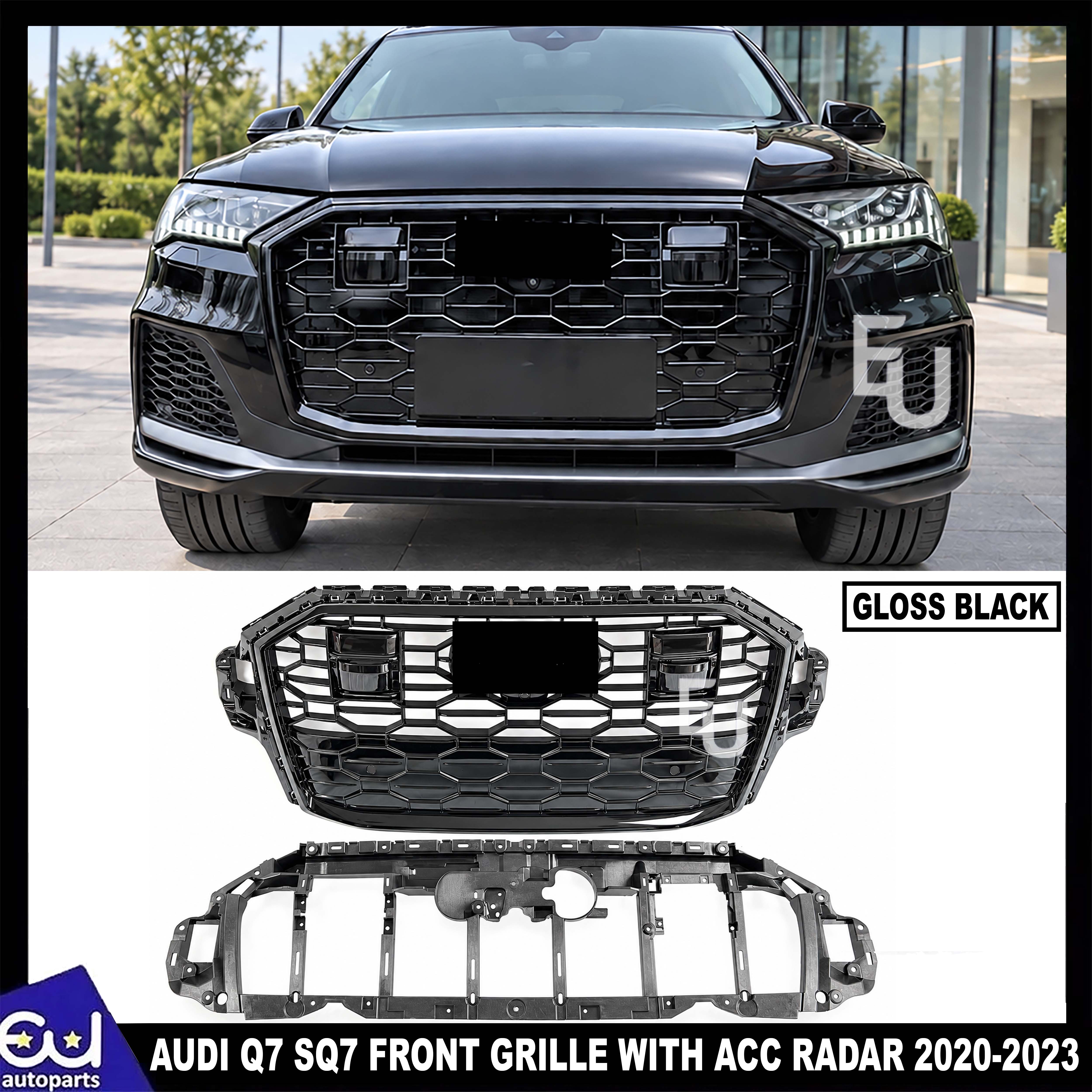 RSQ7 STYLE FRONT GRILL GRILLE FOR AUDI Q7 SQ7 4M 2020-2023 WITH ACC RADAR BLACK