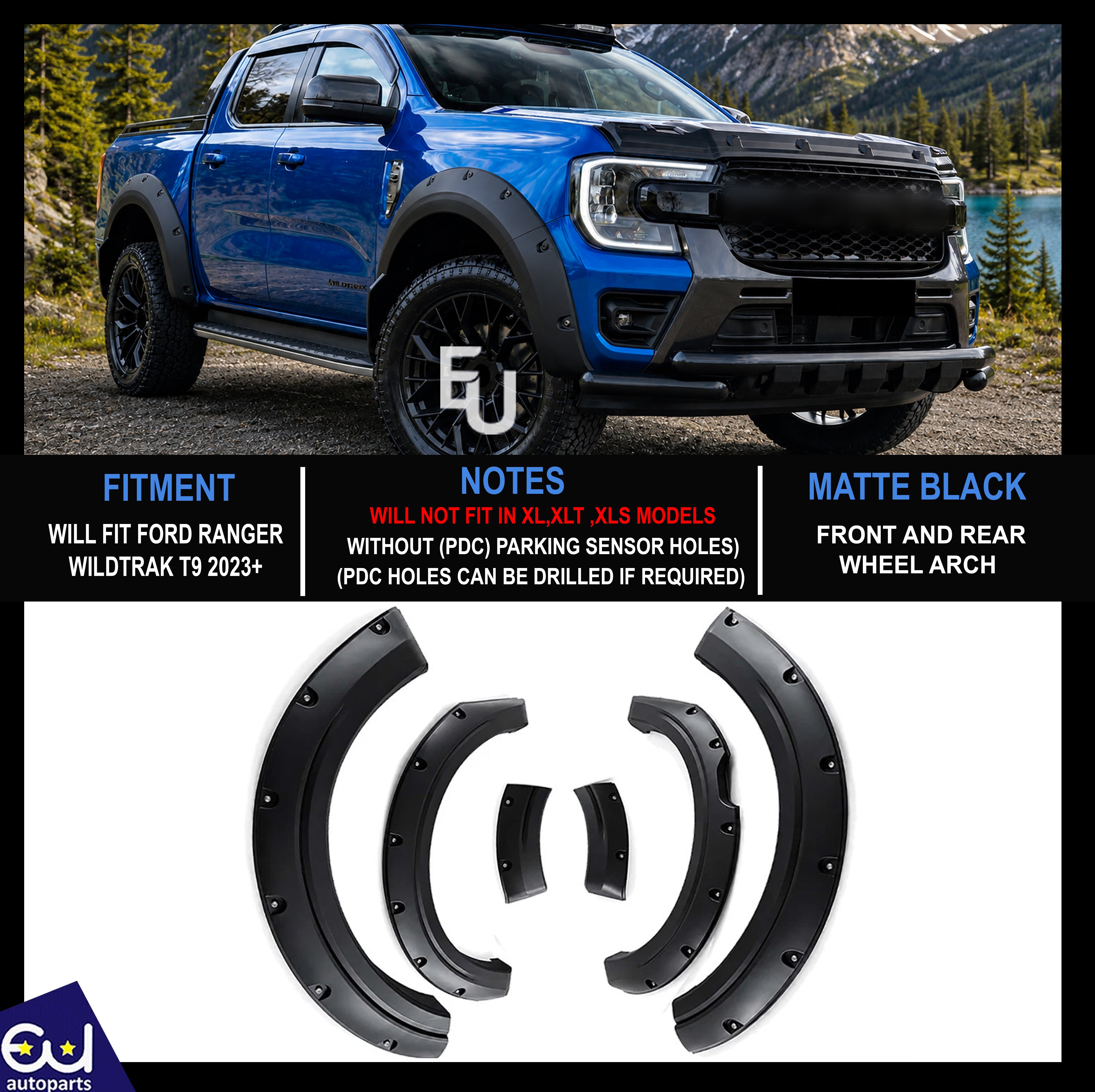 FOR FORD RANGER T9 2022+ WILDTRAK BLACK WIDE WHEEL ARCHES FENDER FLARES 4PCS