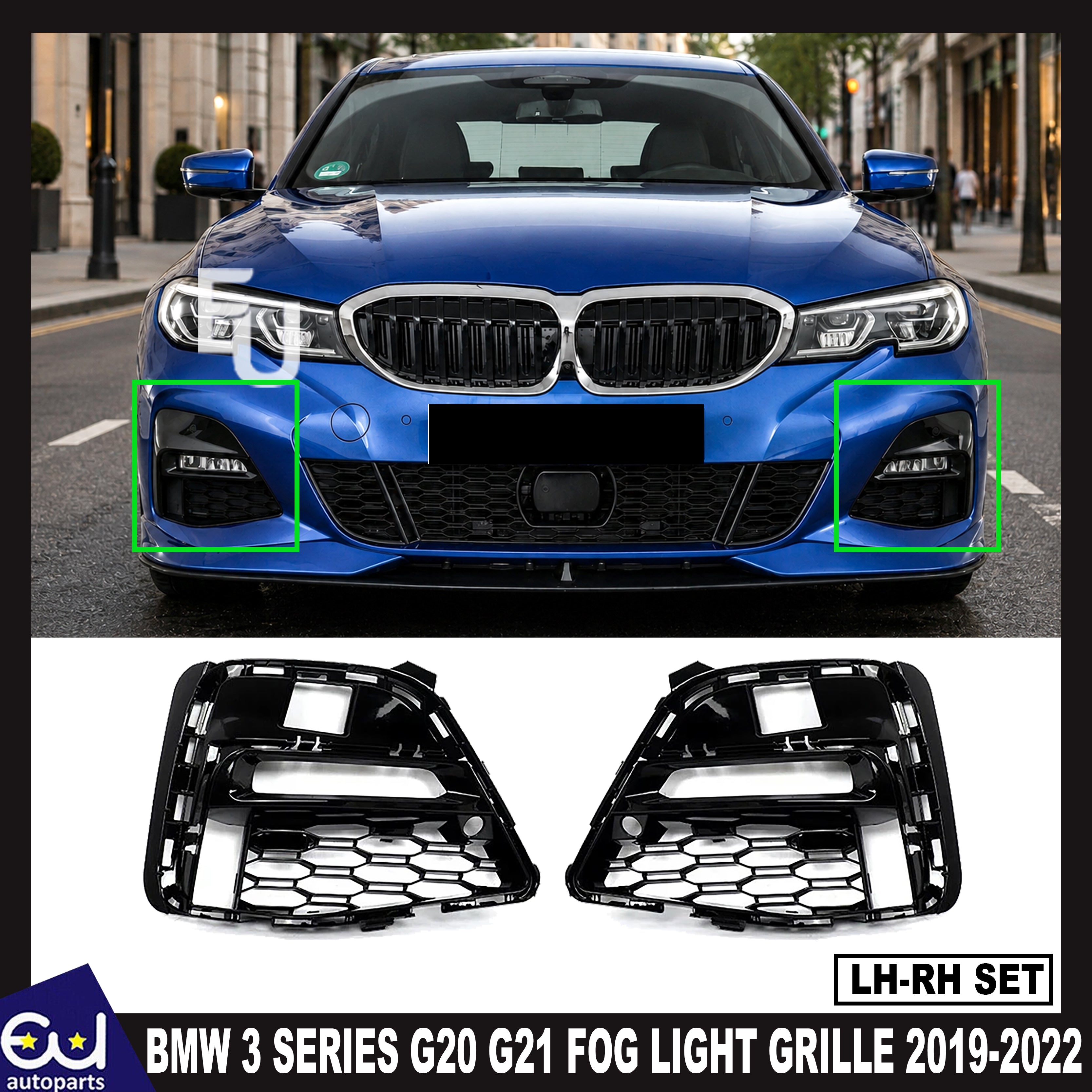 PAIR FOR BMW 3 SERIES G20 G21 M SPORT GLOSS BLACK FRONT FOG LIGHT GRILLE COVER