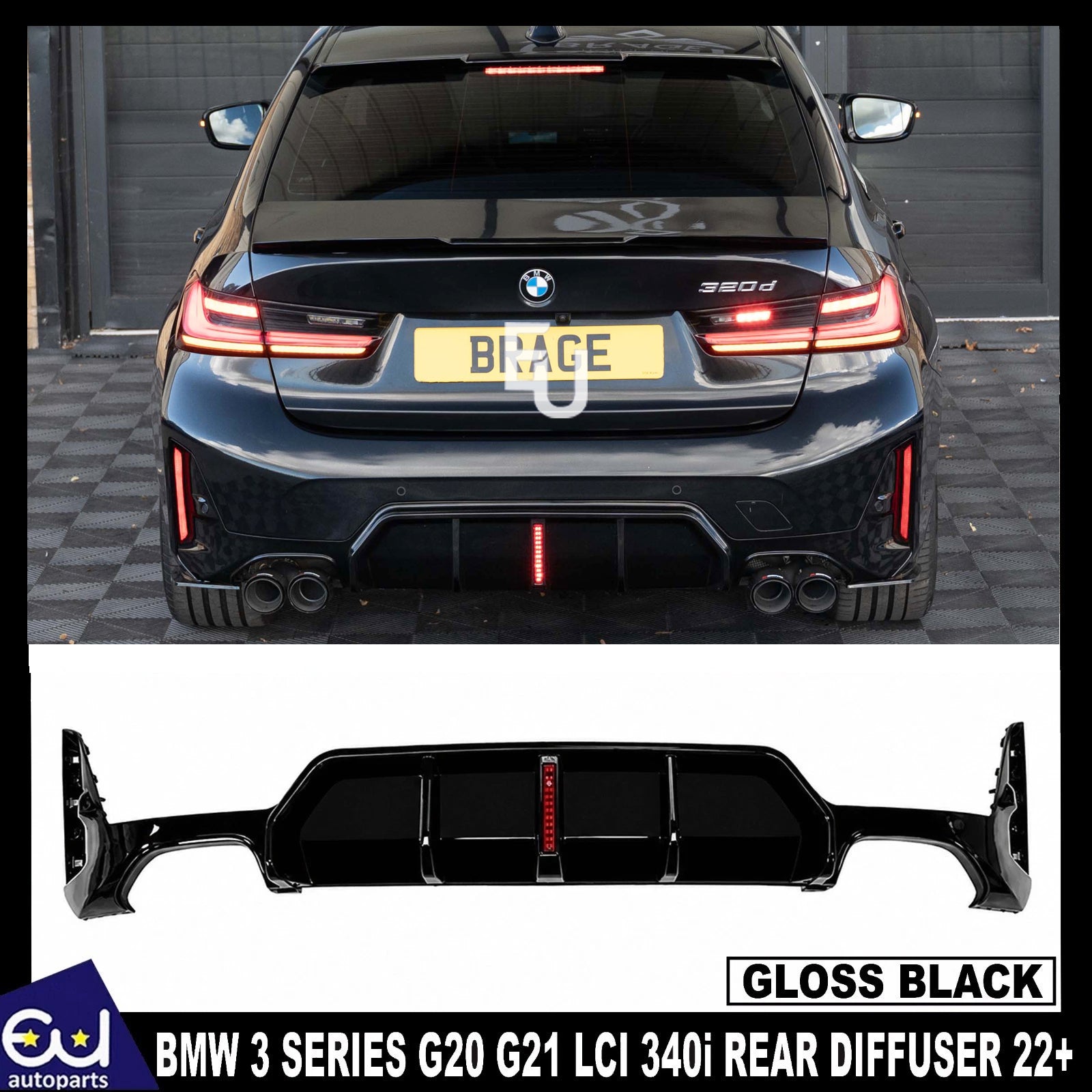 FOR BMW 3 SERIES G20 G21 LCI M SPORT 340i REAR BUMPER DIFFUSER WITH LED 2022+