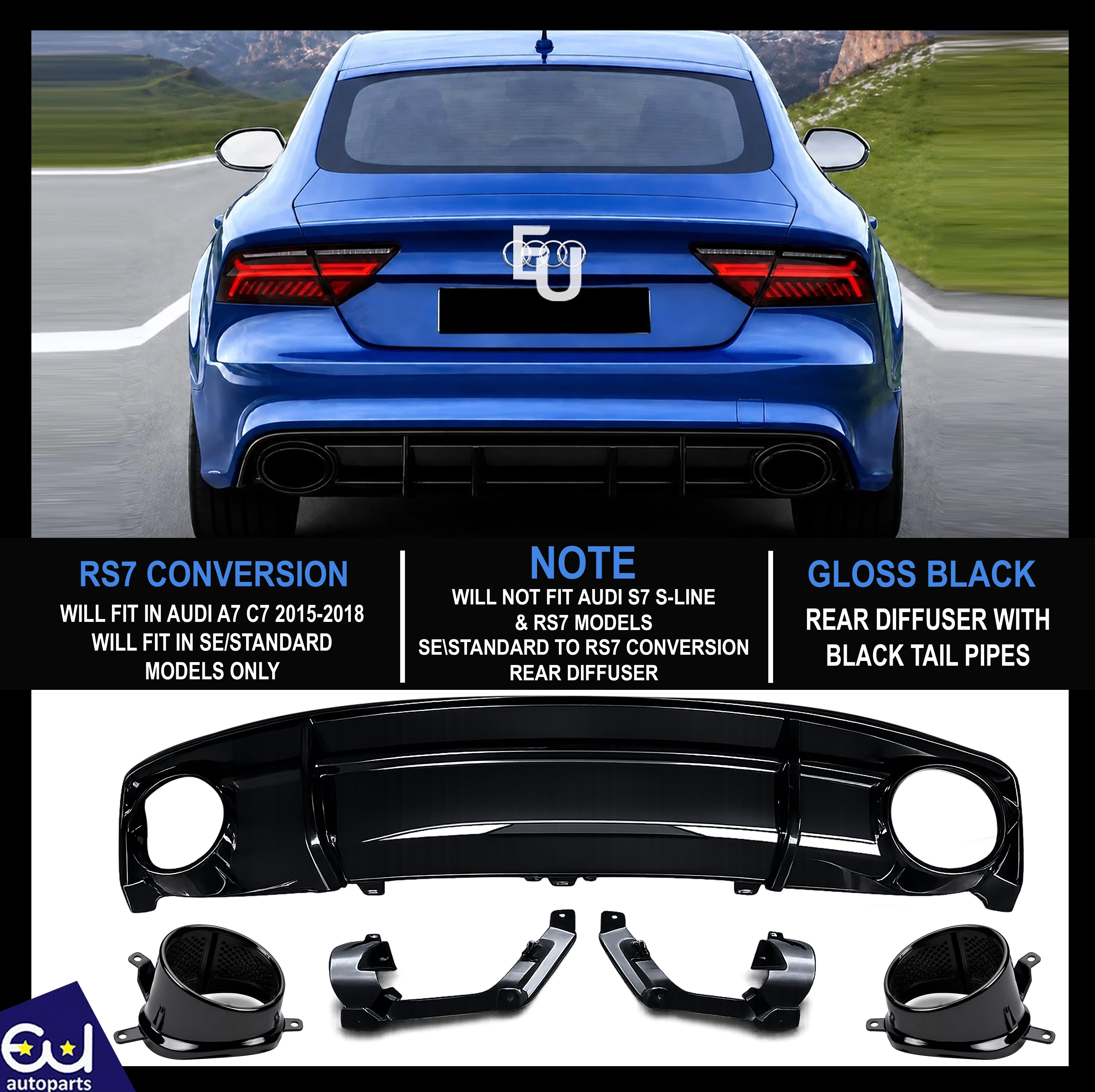 RS7 STYLE GLOSS REAR DIFFUSER W/BLACK TIPS FOR AUDI A7 C7 4G8 SE STANDARD 15-18