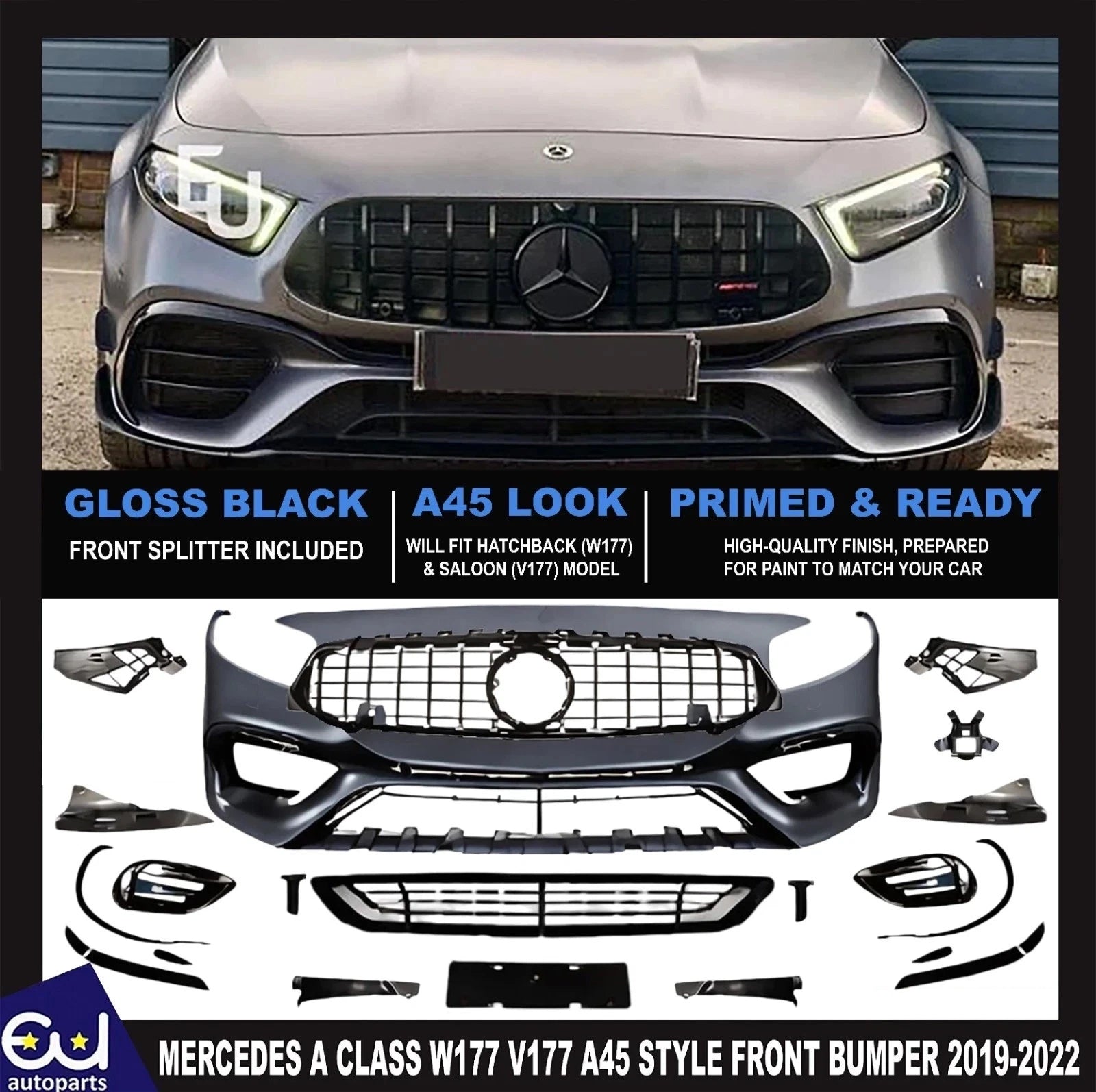FOR MERCEDES A CLASS W177 V177 A45 STYLE FULL FRONT BUMPER GRILL BODYKIT 2019-22