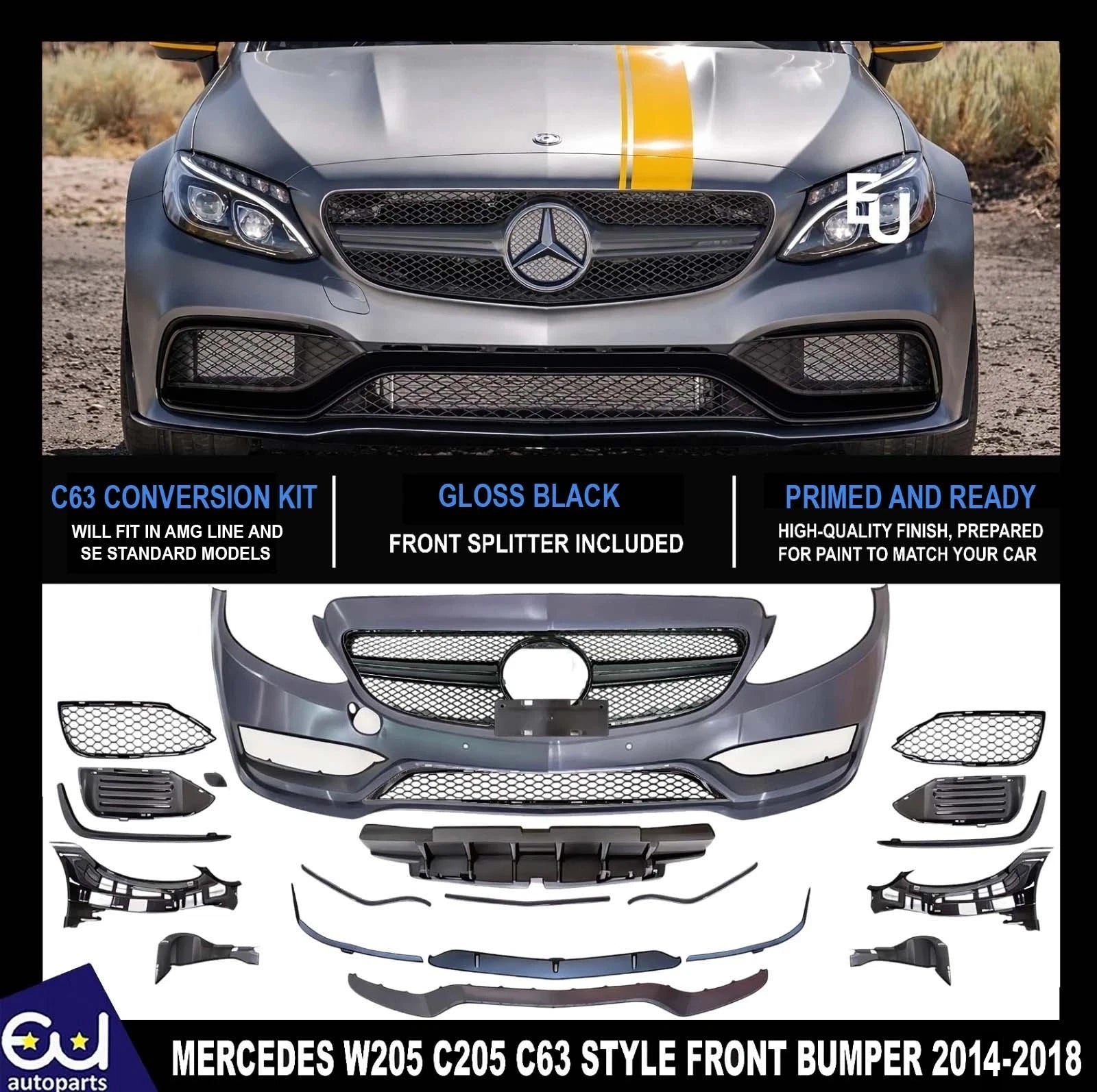 FOR MERCEDES W205 C205 C63 CONVERSION FRONT BUMPER GRILLE BODYKIT PRIMED 2015-18