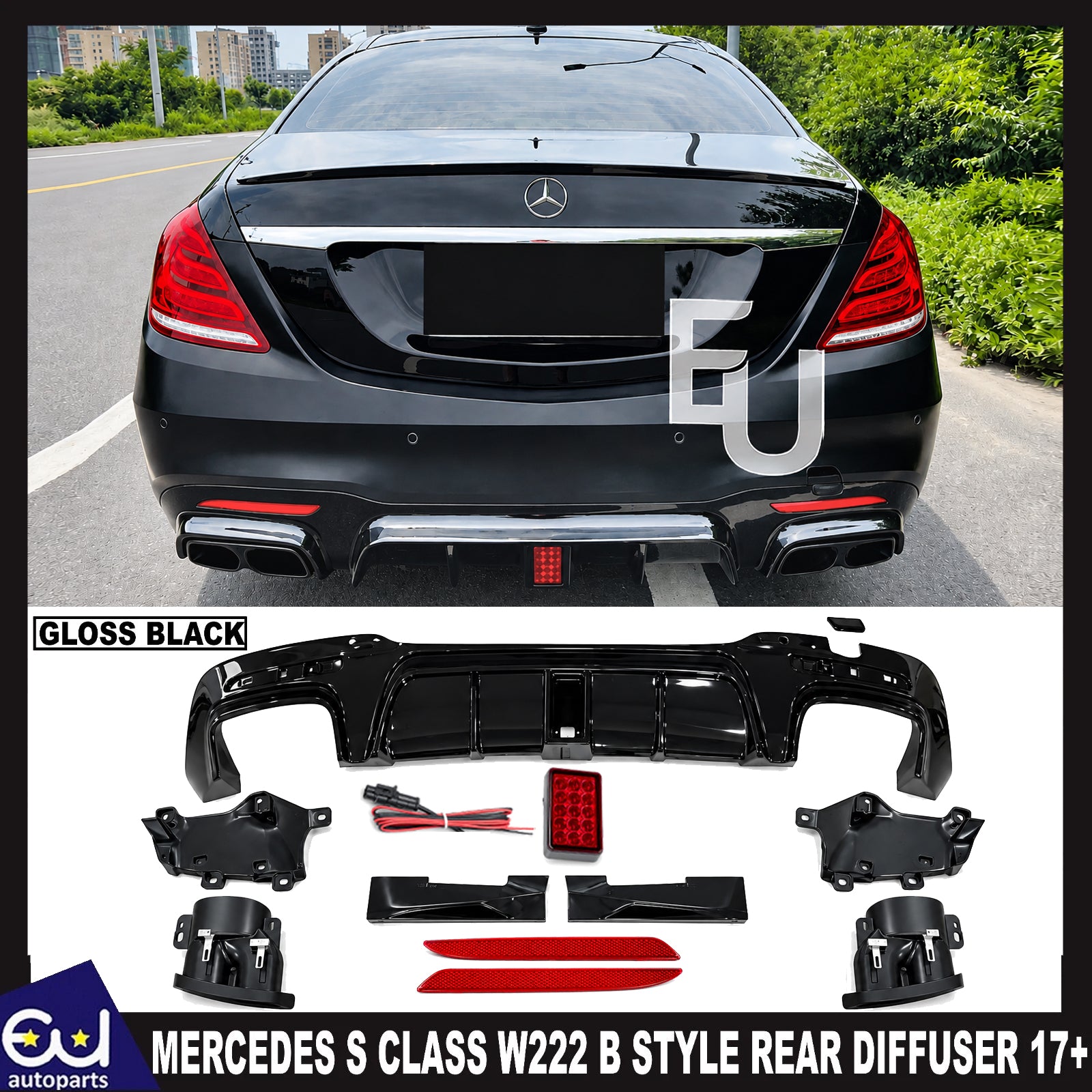 FOR MERCEDES S CLASS W222 S63 B STYLE AMG REAR DIFFUSER TAILPIPE 2017+ FACELIFT