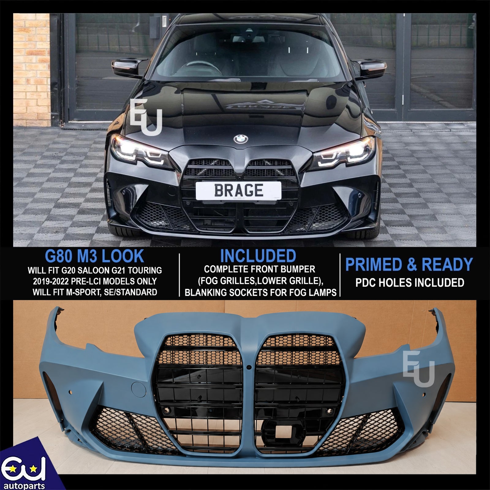 FOR BMW 3 SERIES 2019-2021 G20 G28 UPGRADE TO M3 STYLE FRONT BUMPER KIT GRILLE