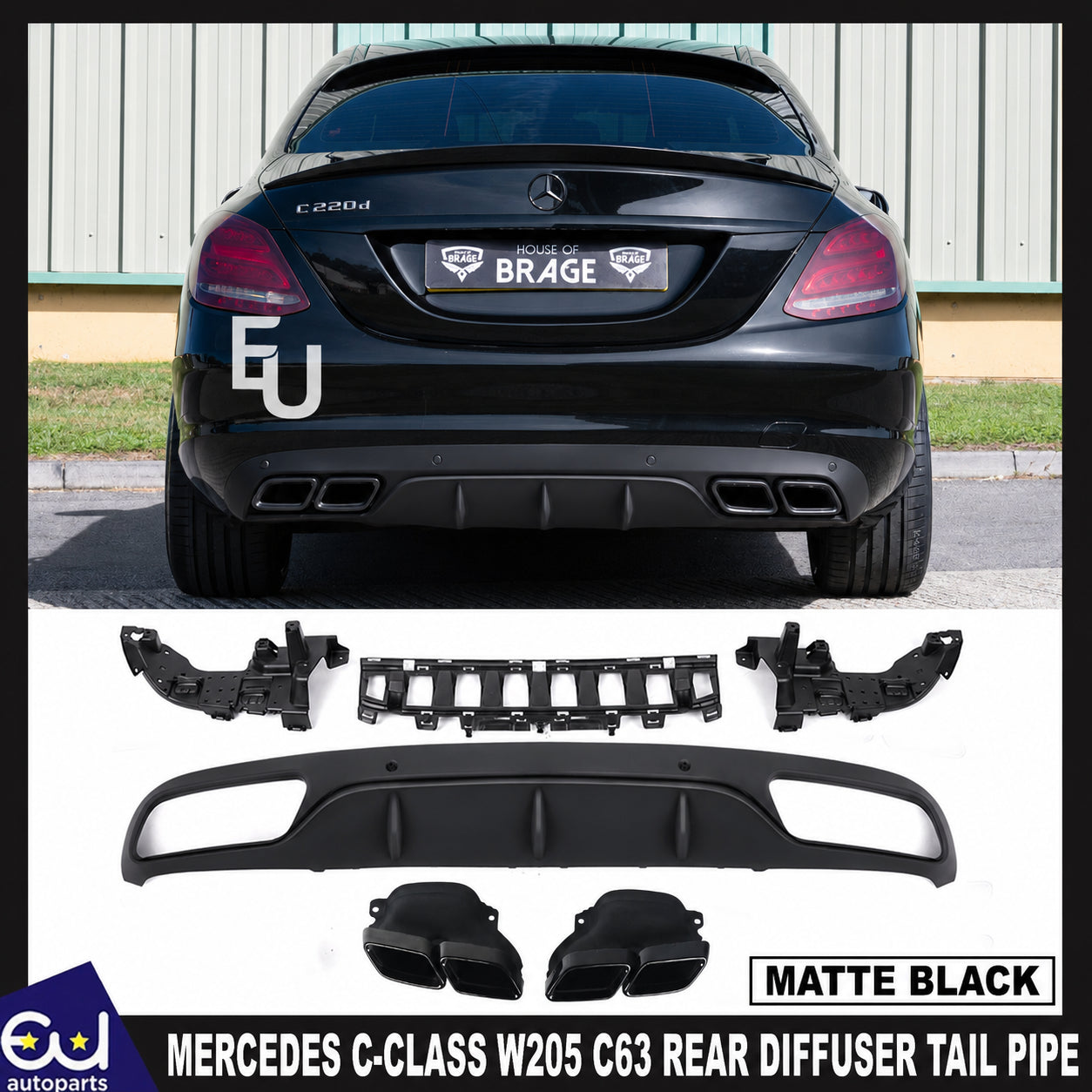 REAR DIFFUSER TAIL PIPE NON AMG FOR MERCEDES C-CLASS W205 C63 LOOK BLACK