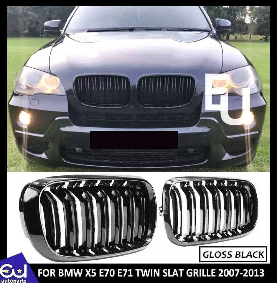 FOR BMW X5 E70 X6 E71 GRILLE GRILL GLOSS DOUBLE SLAT FRONT BUMPER KIDNEY 2007-13