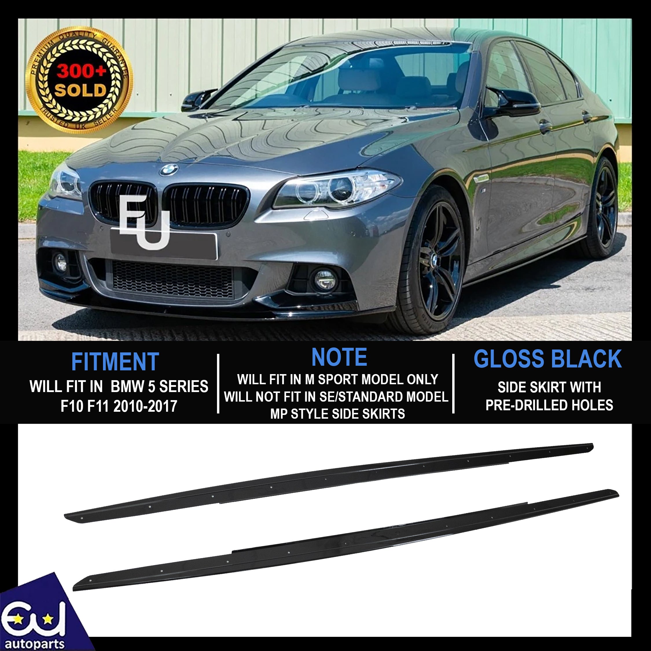 FOR BMW 5 SERIES F10 F11 MP STYLE SIDE SKIRTS EXTENSION BLADES GLOSS BLACK 10-16
