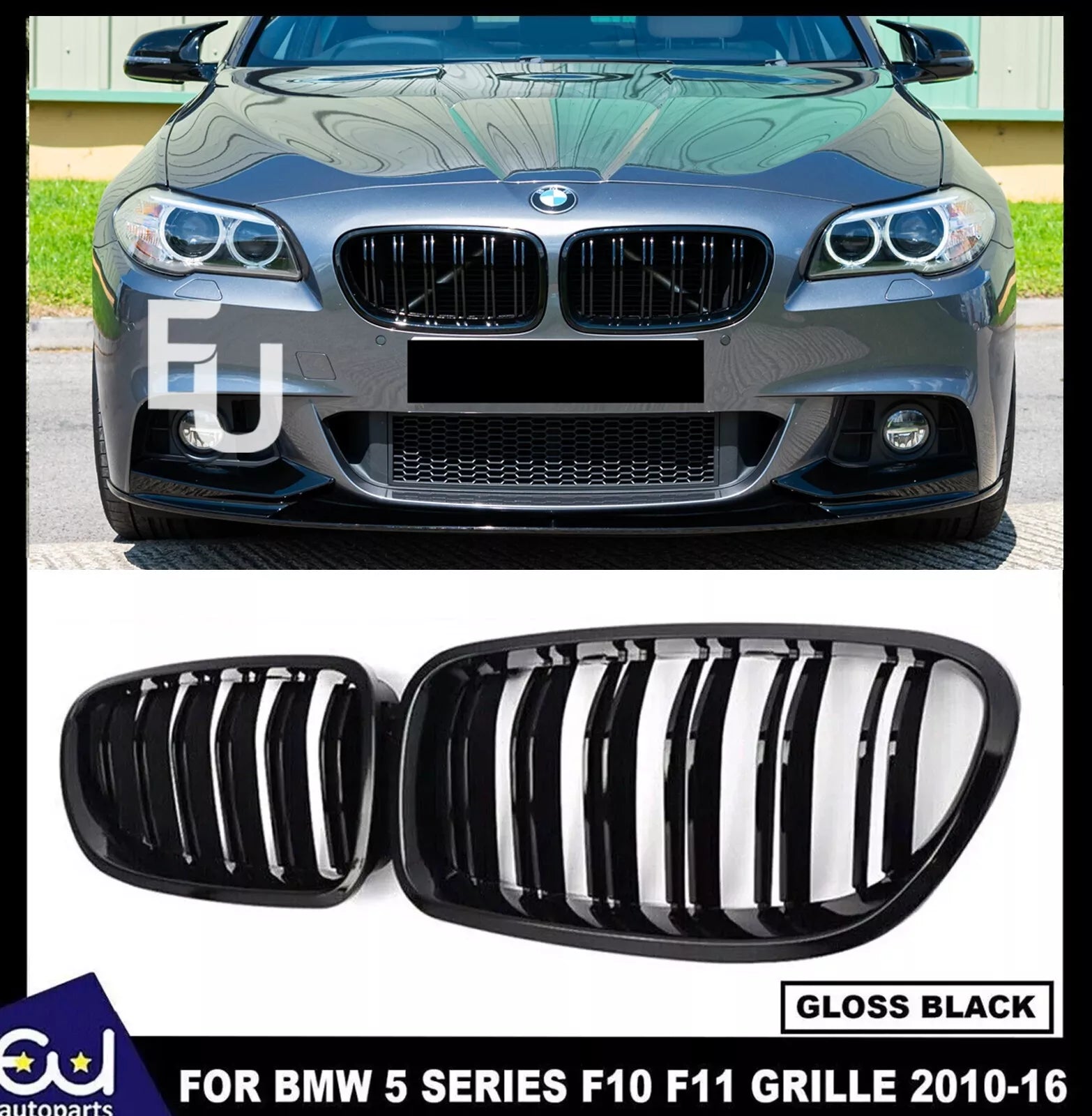 FOR BMW 5 SERIES F10 F11 M5 KIDNEY GRILLE GRILL GLOSS BLACK TWIN DUAL SLAT 10-16