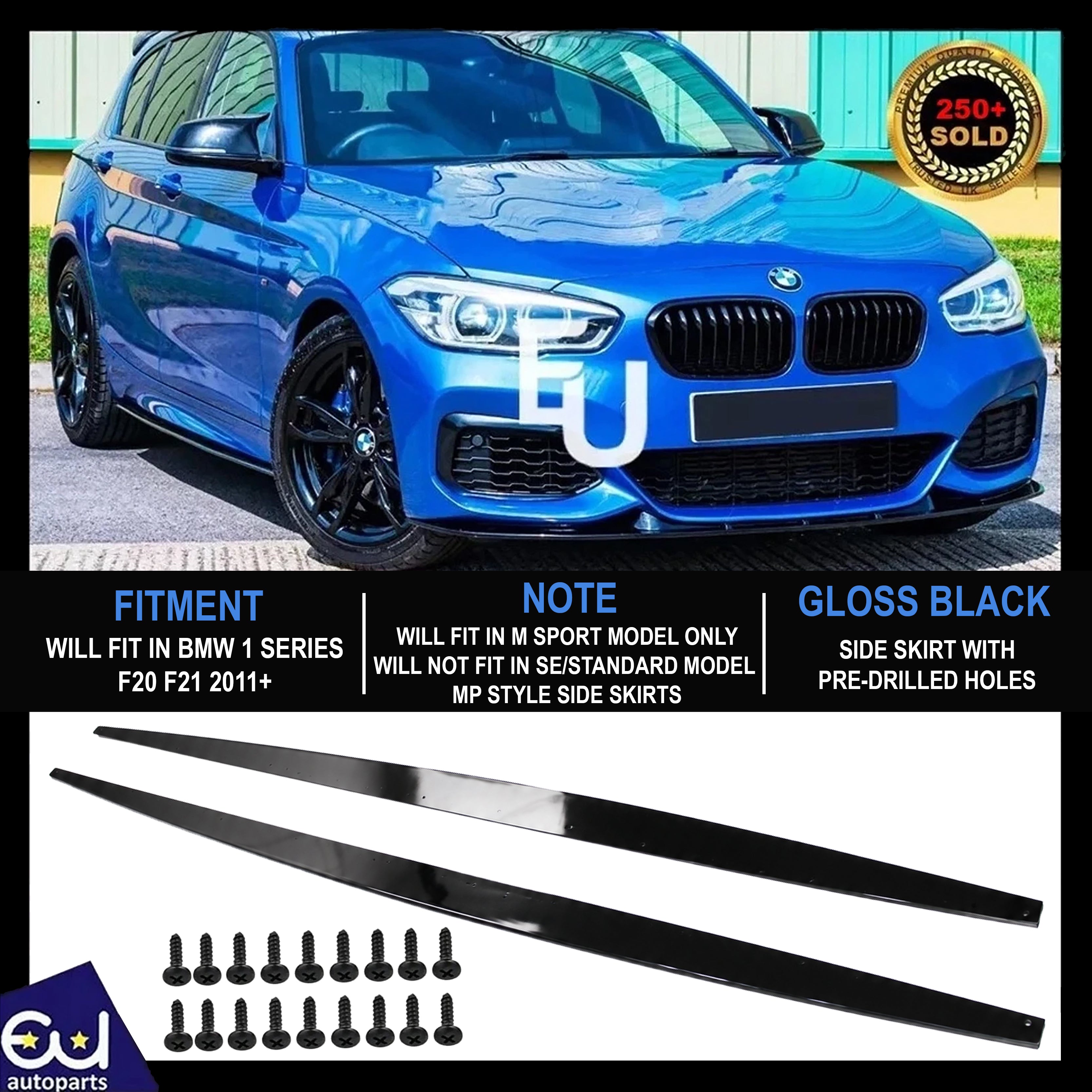 FOR BMW 1 SERIES F20 F21 MP STYLE SIDE SKIRT EXTENSION LIP BLADES GLOSS BLACK