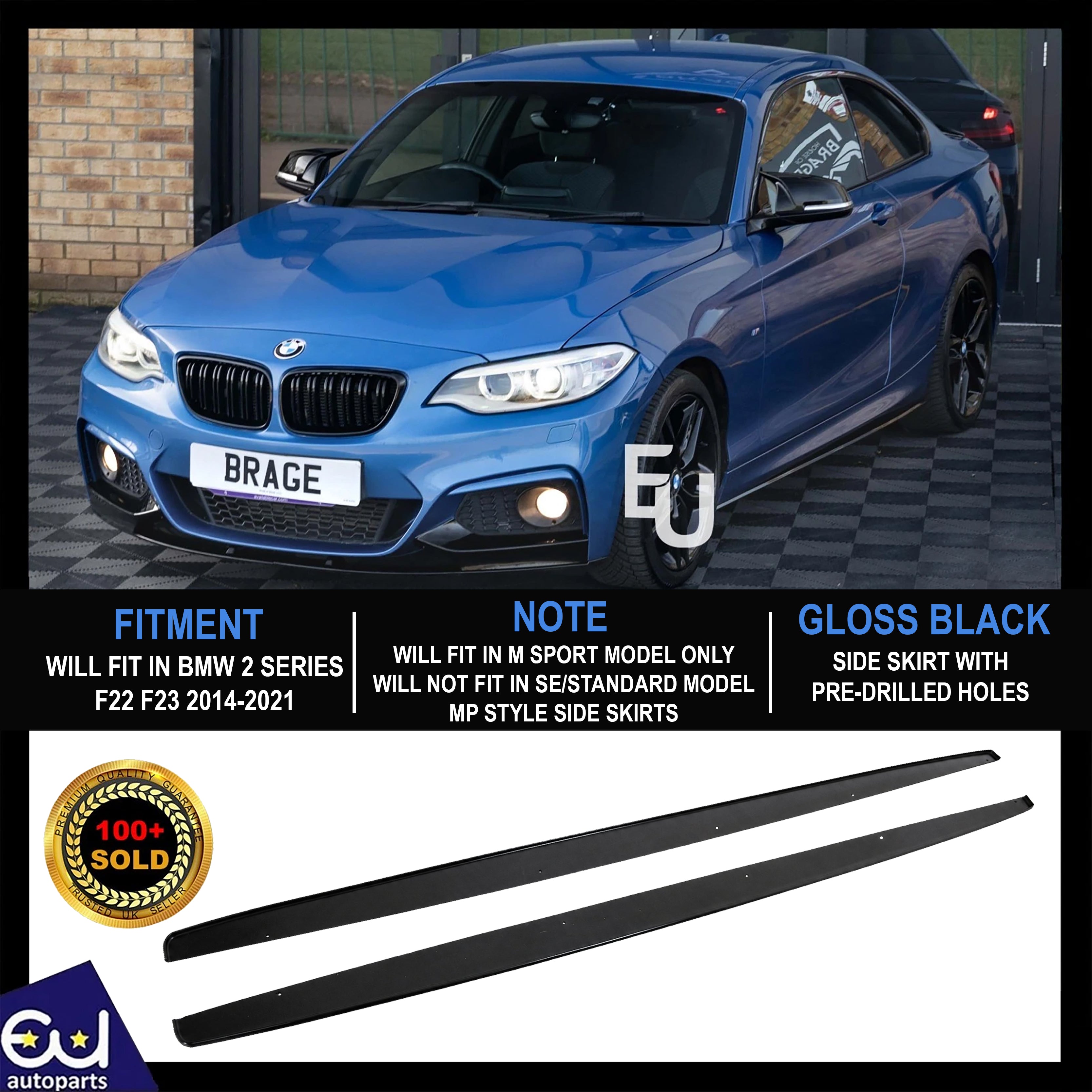 FOR BMW 2 SERIES F22 F23 SIDE SKIRTS EXTENSION BLADES GLOSS BLACK 15-19
