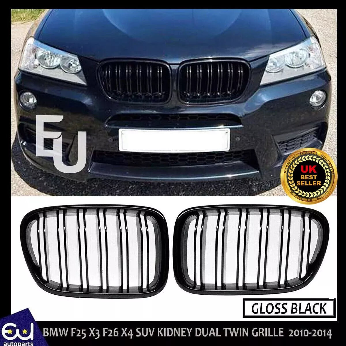 FOR BMW F25 X3 F26 X4 2010-14 GLOSS BLACK FRONT KIDNEY DUAL TWIN GRILLE GRILL