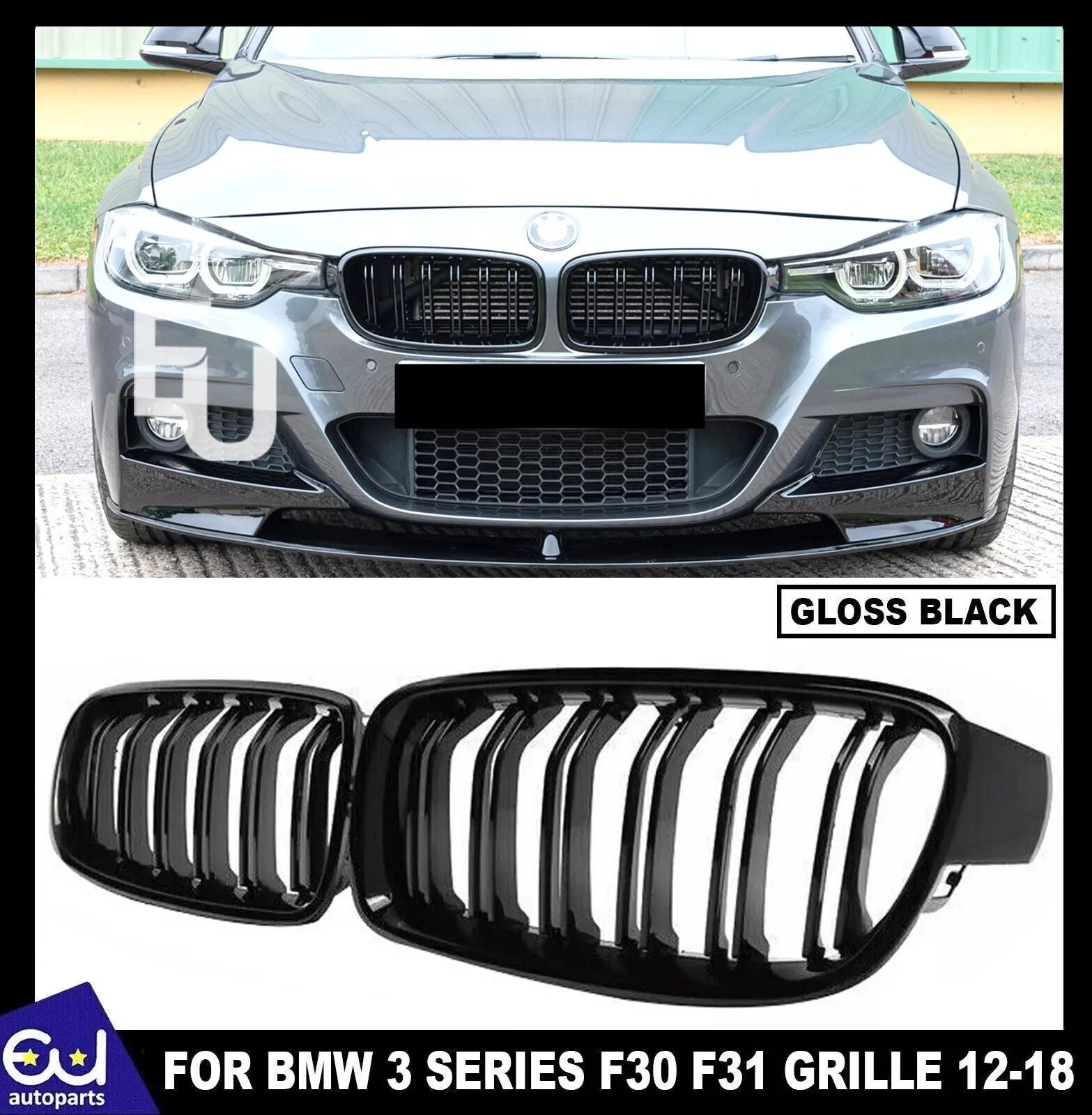 FOR BMW 3 SERIES F30 F31 DUAL LINE KIDNEY  GRILLE GRILL GLOSS BLACK