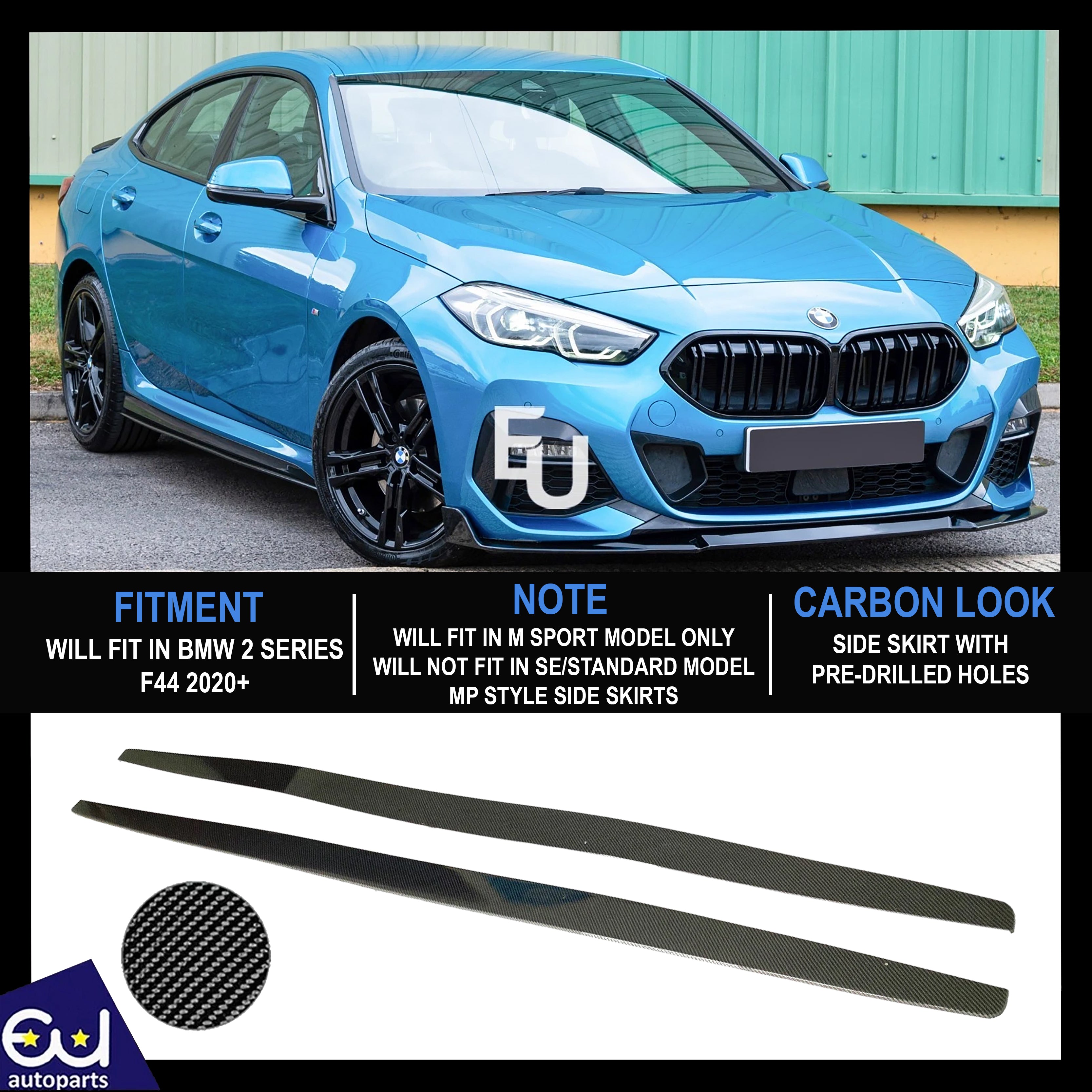 FOR BMW 2 SERIES F44 M SPORT SIDE SKIRTS EXTENSION PAIR BLADES CARBON LOOK 2020+