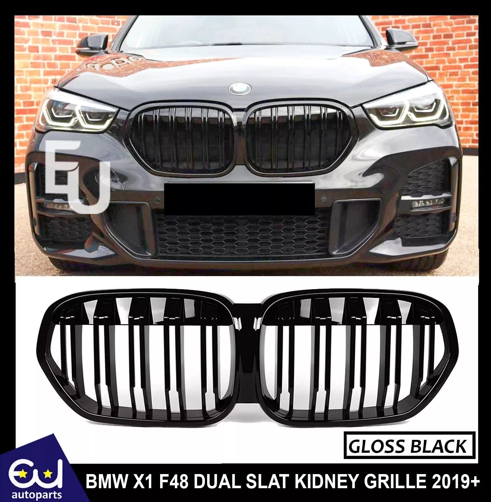 FOR BMW X1 F48 FACELIFT DOUBLE SLAT FRONT KIDNEY GRILLE GRILL GLOSS BLACK 2020+
