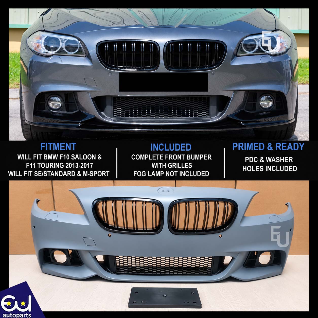 FRONT BUMPER FOR BMW 5 SERIES F10 F11 M-SPORT 2013-17 PRIMED PDC & WASHER HOLES