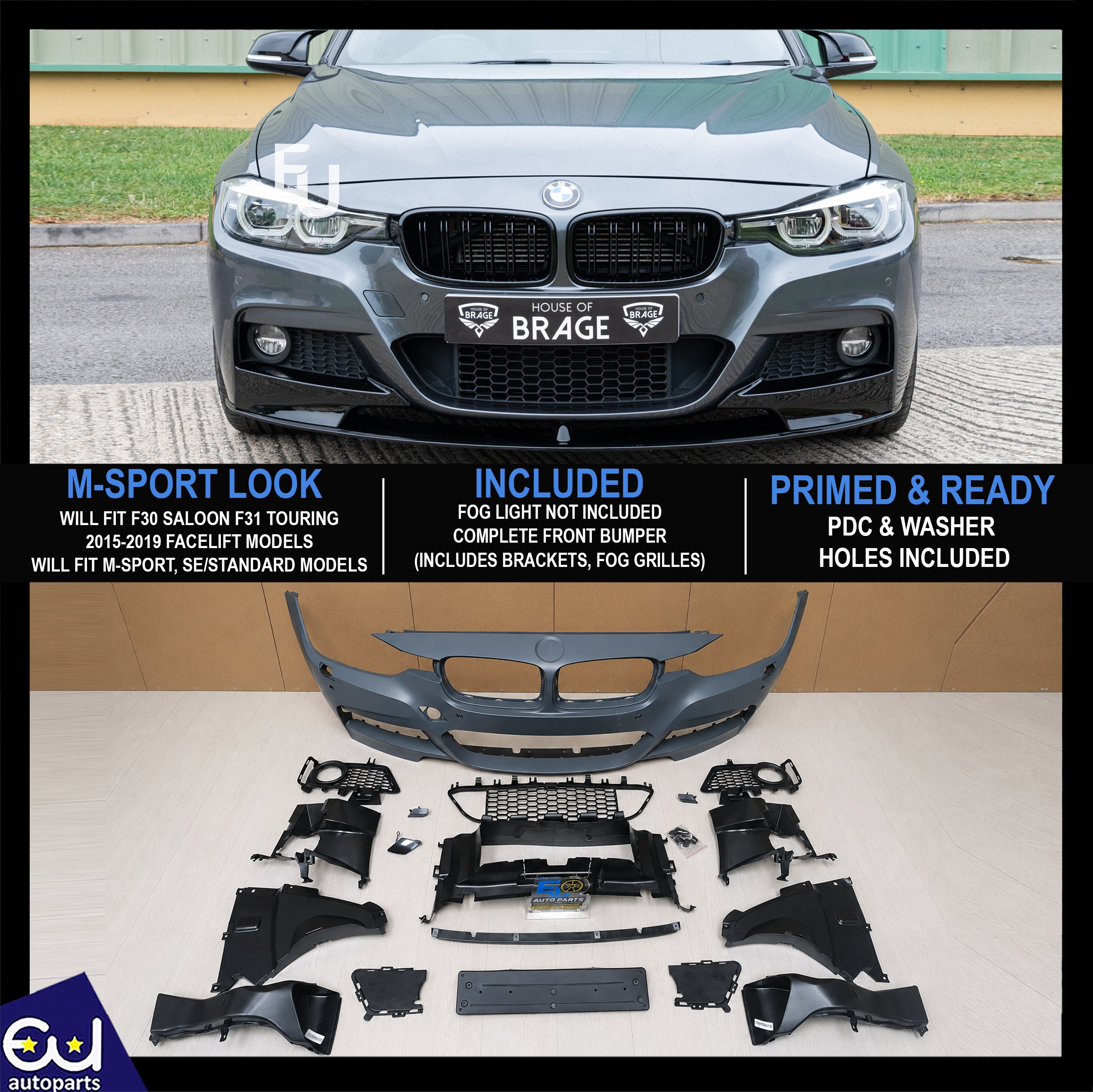 FOR BMW 3 SERIES F30 F31 M SPORT LOOK FRONT BUMPER BODYKIT W/PDC GRILL 2015-2019