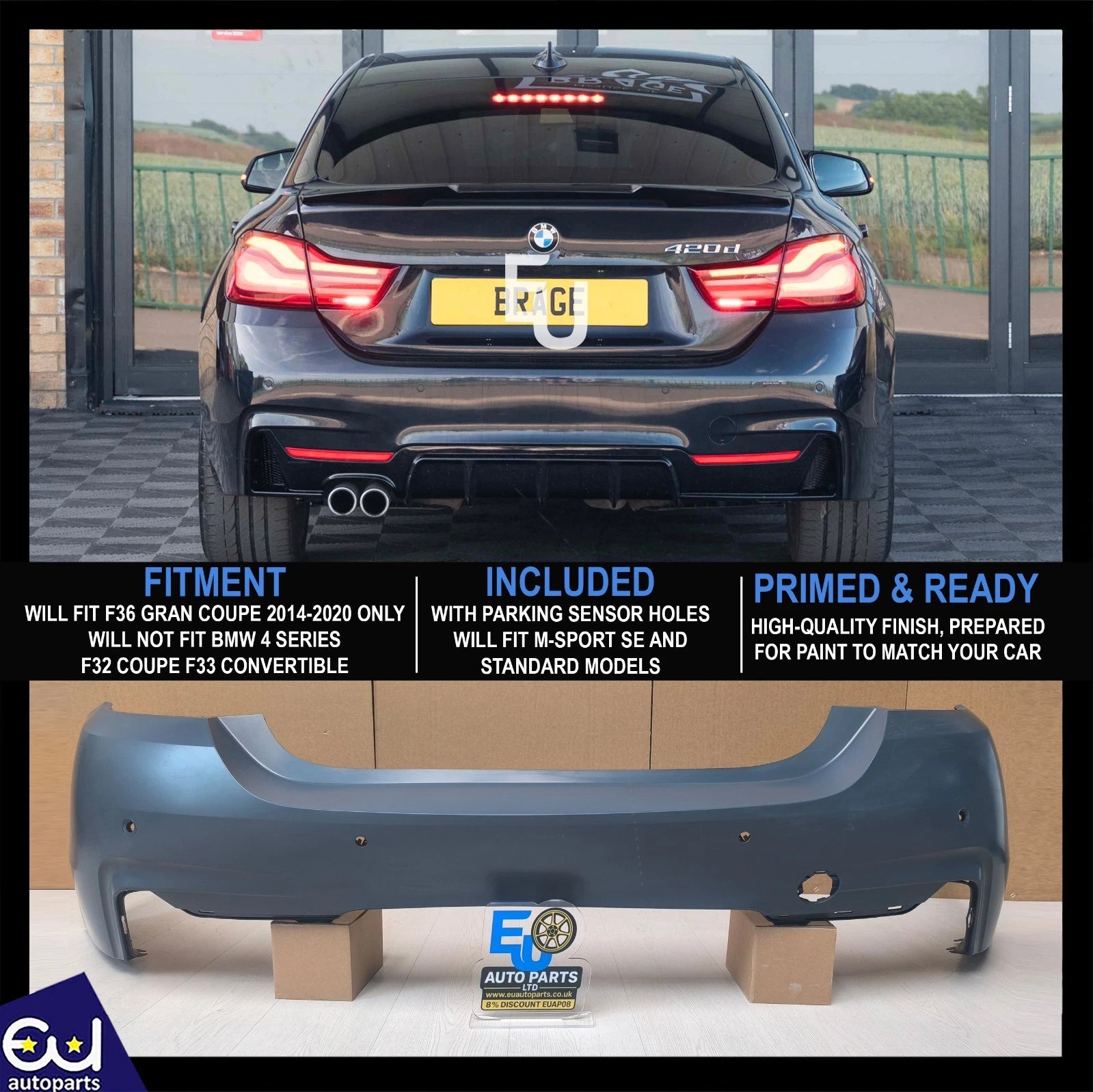 FOR BMW 4 SERIES F36 GRAN COUPE 2014-2020 M-SPORT REAR BUMPER WITH PDC HOLES