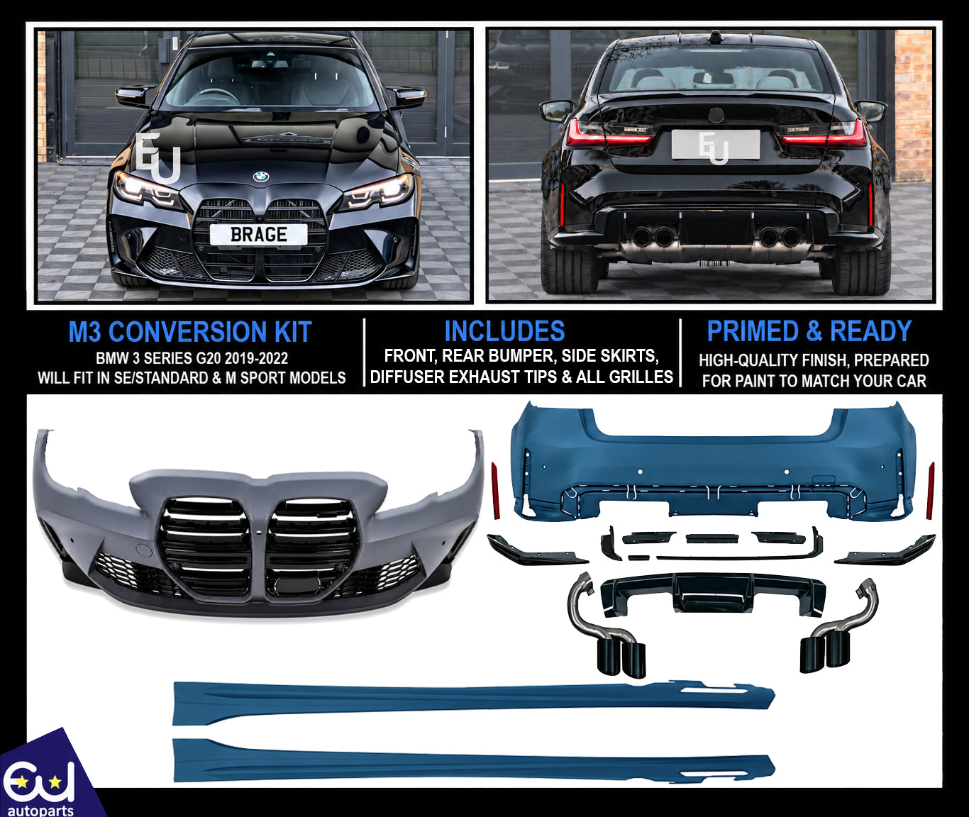 G80 M3 CONVERSION FRONT REAR BUMPER FULL BODY KIT FOR BMW 3 SERIES G20 2019-2022