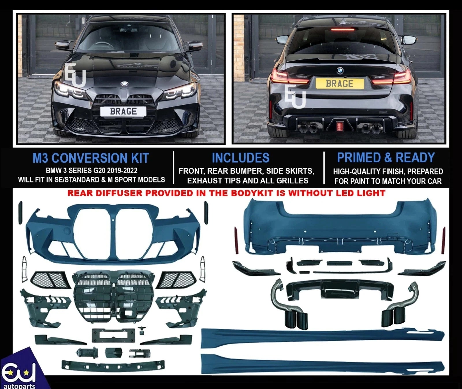G80 M3 CONVERSION FRONT REAR BUMPER FULL BODY KIT FOR BMW 3 SERIES G20 2019-2022