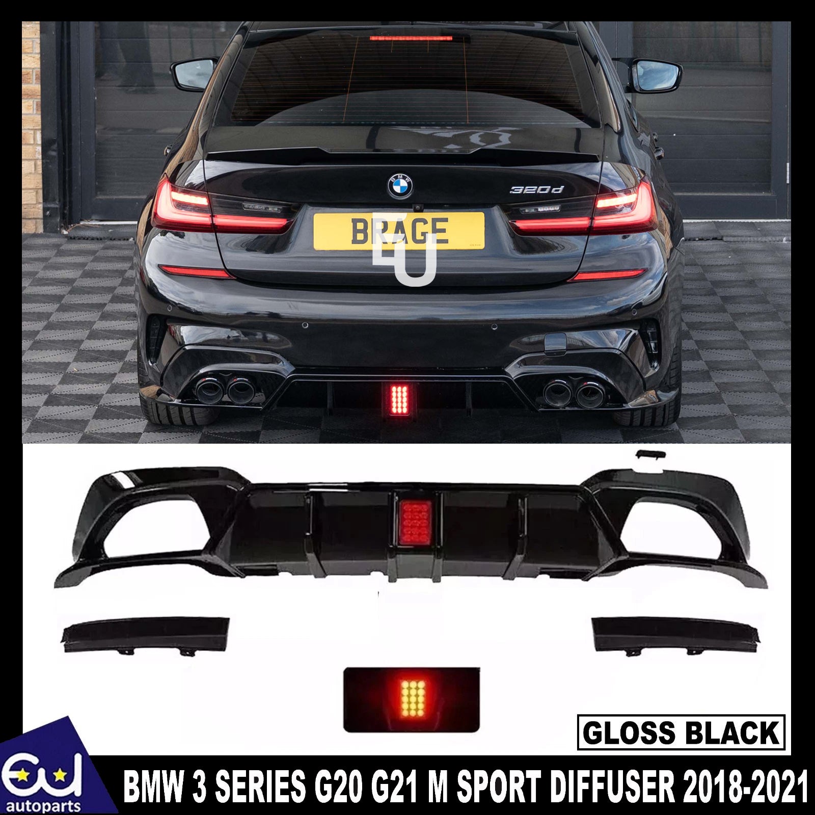 FOR BMW 3 SERIES G20 G21 M SPORT GLOSS BLACK REAR DIFFUSER WITH LED 2018-2021