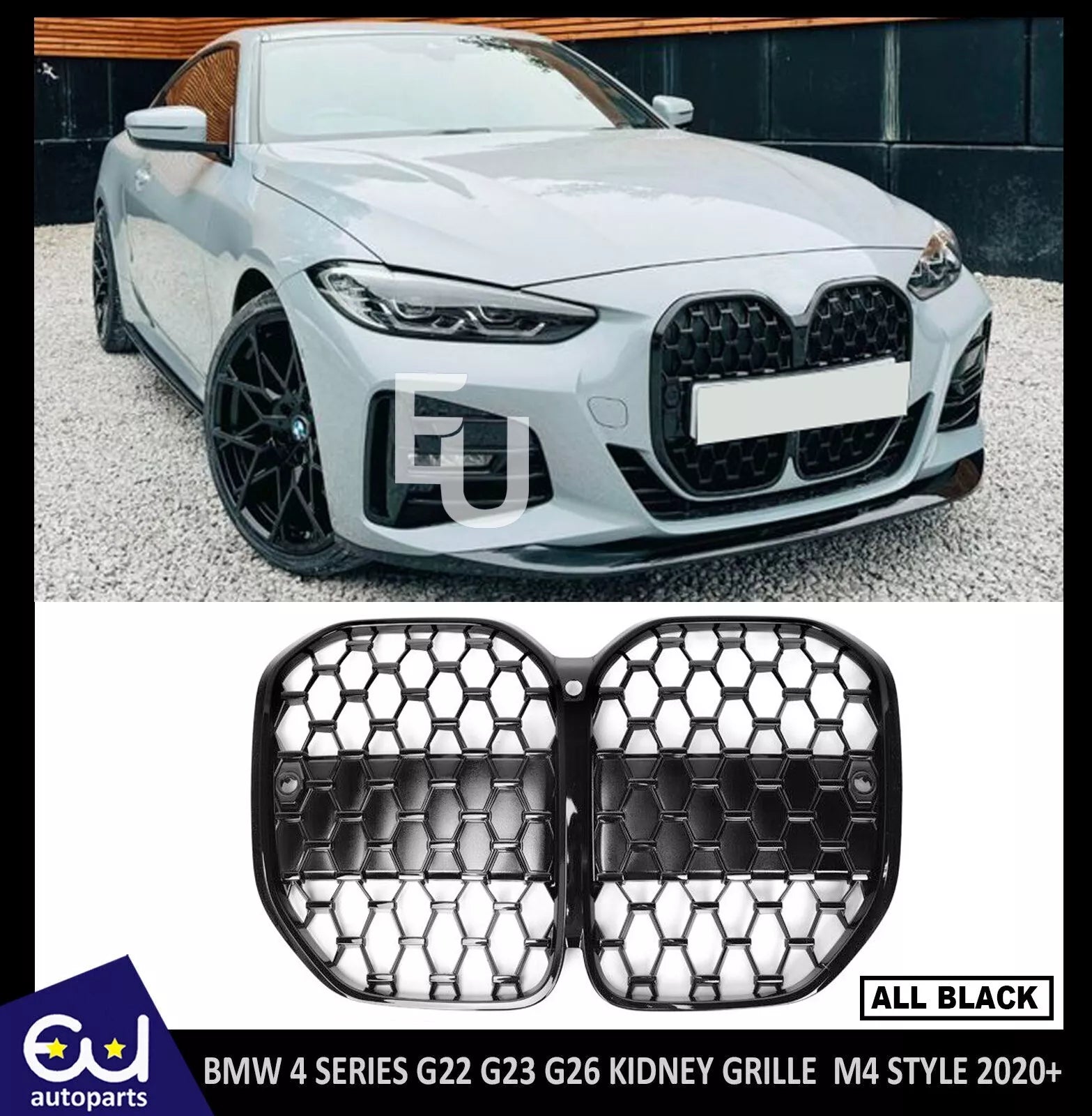 FOR BMW G22 G23 G26 4 SERIES KIDNEY GRILL GRILLE M4 DIAMOND STYLE 20+ ALL BLACK