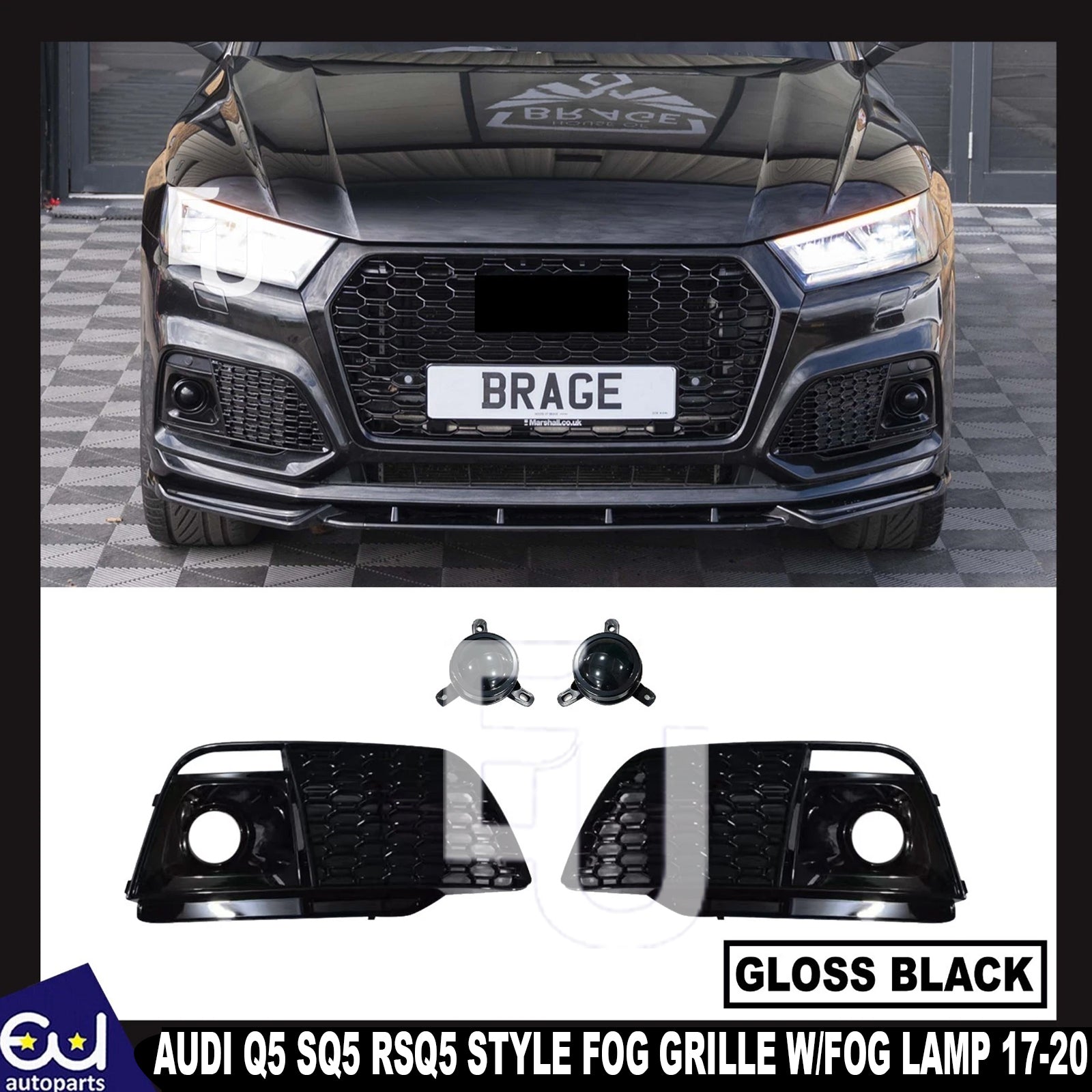 RSQ5 LOOK FRONT FOG LIGHT LAMP HONEYCOMB GRILLE COVER FOR AUDI Q5 SQ5 18-20