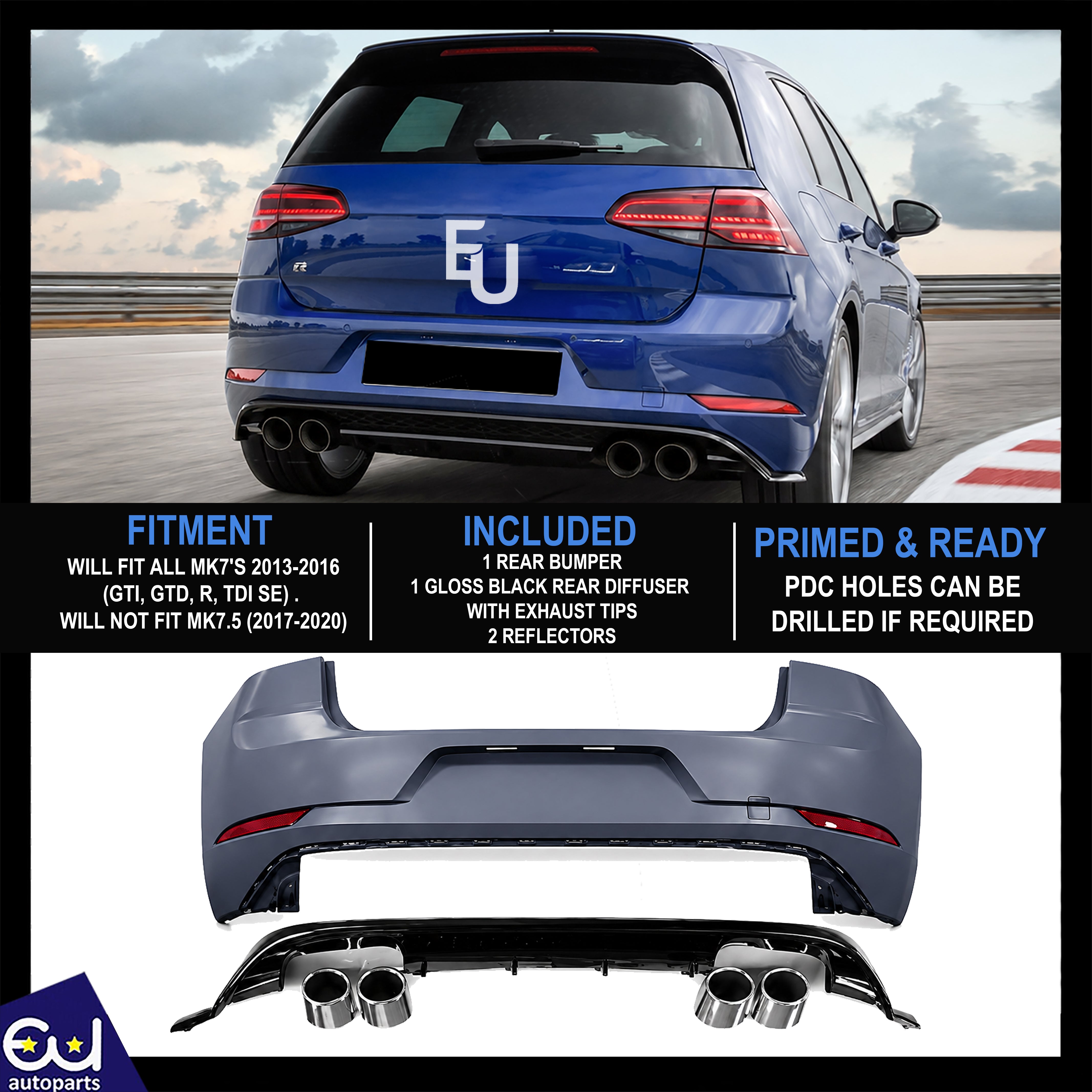 REAR BUMPER DIFFUSER BODY KIT MK7.5 GOLF R LOOK FOR VW GOLF MK7 2013-2016
