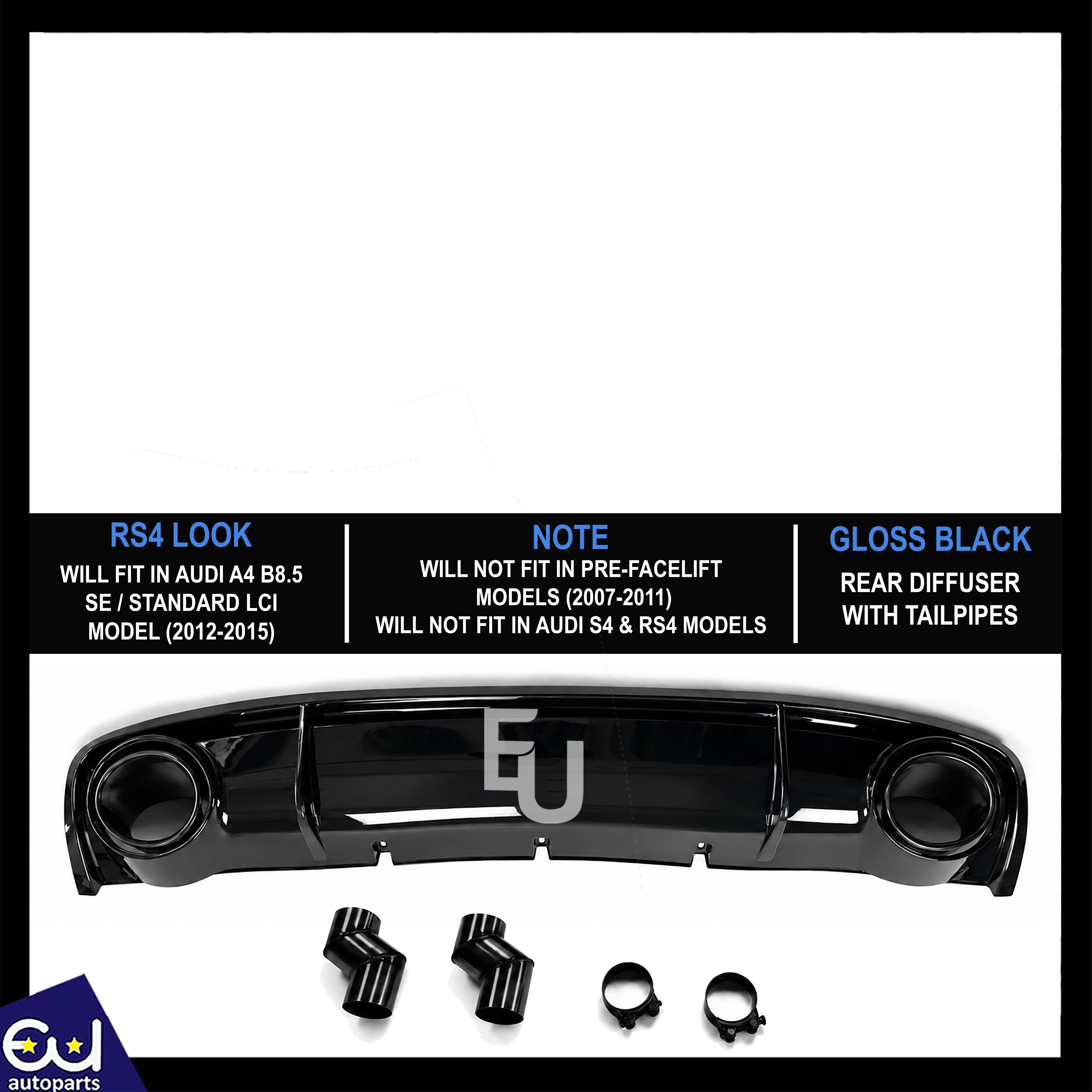 FOR AUDI A4 B8.5 STANDARD RS4 LOOK LCI REAR DIFFUSER W/TAILPIPE BLACK 2012-2015