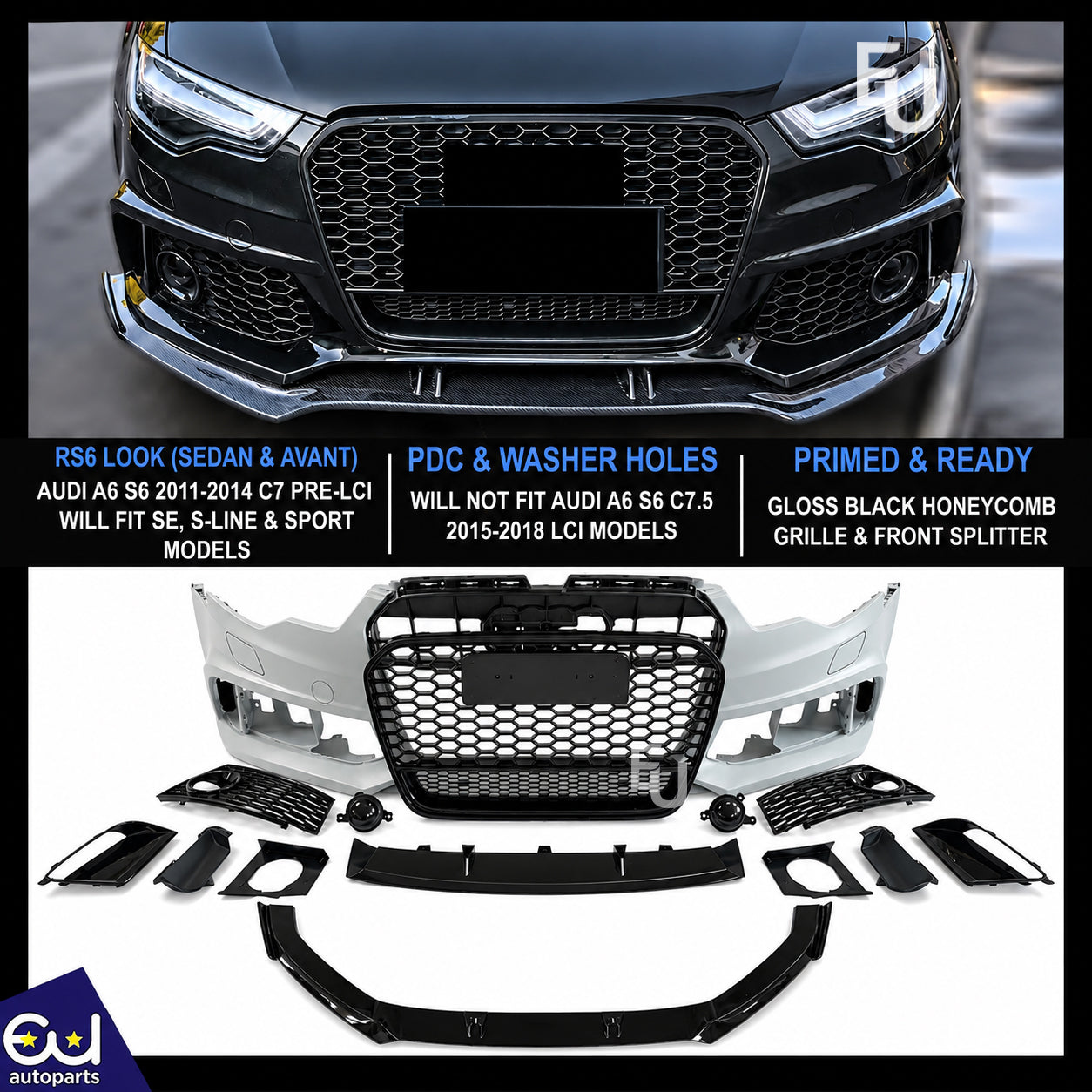 RS6 LOOK FRONT BUMPER CONVERSION BODYKIT W/SPLITTER FOR AUDI A6 S6 C7 2011-2014