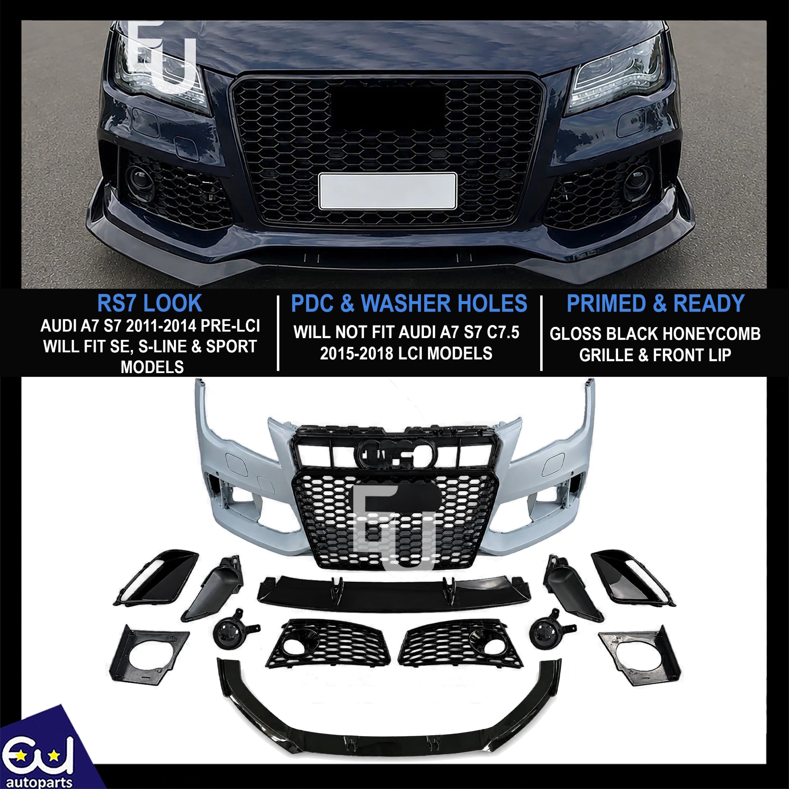 RS7 LOOK FRONT BUMPER CONVERSION KIT FOR AUDI A7 S7 C7 2011-14 GRILLE W/SPLITTER