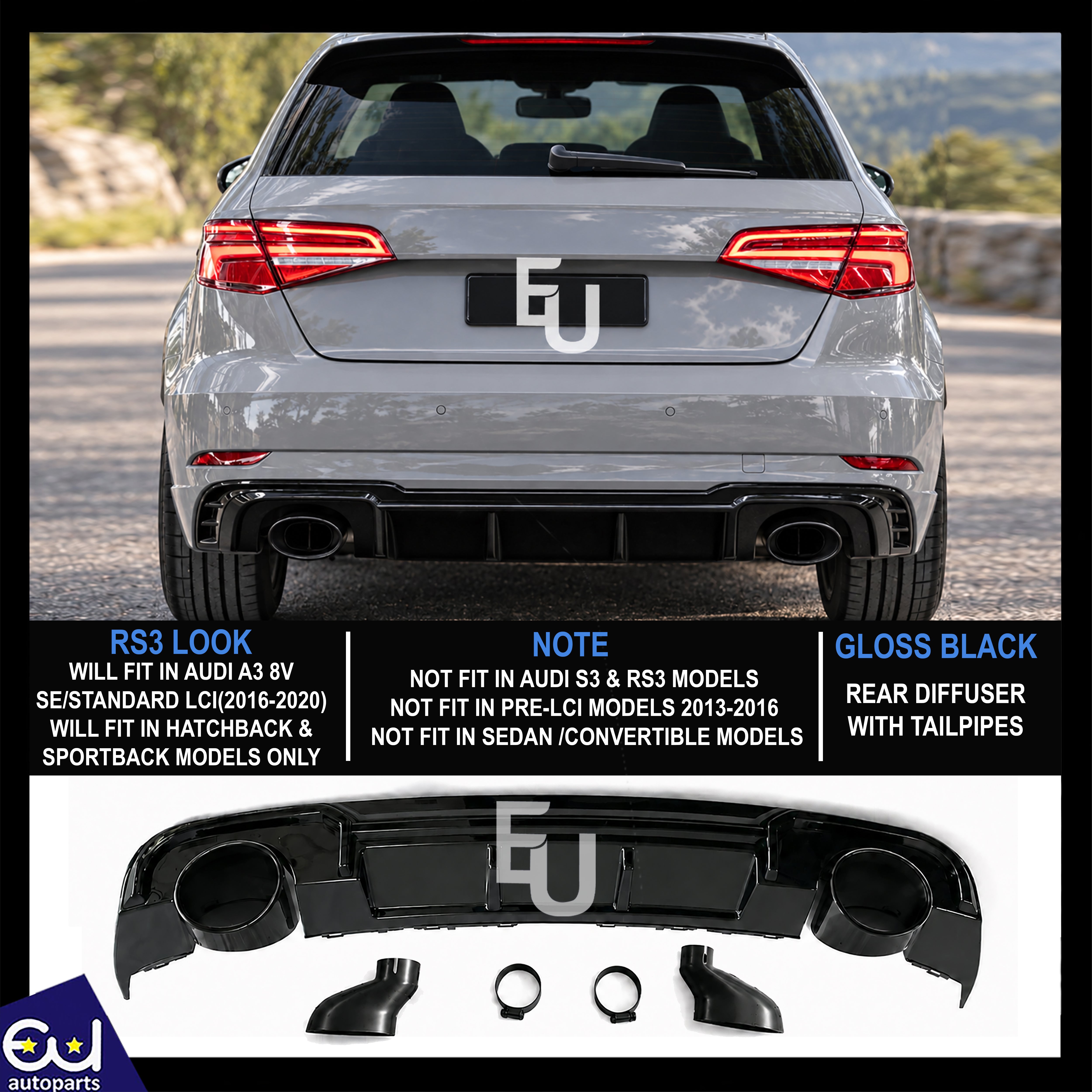 FOR AUDI A3 8V HATCHBACK STANDARD RS3 LOOK REAR DIFFUSER W/TAILPIPE BLACK 16-20
