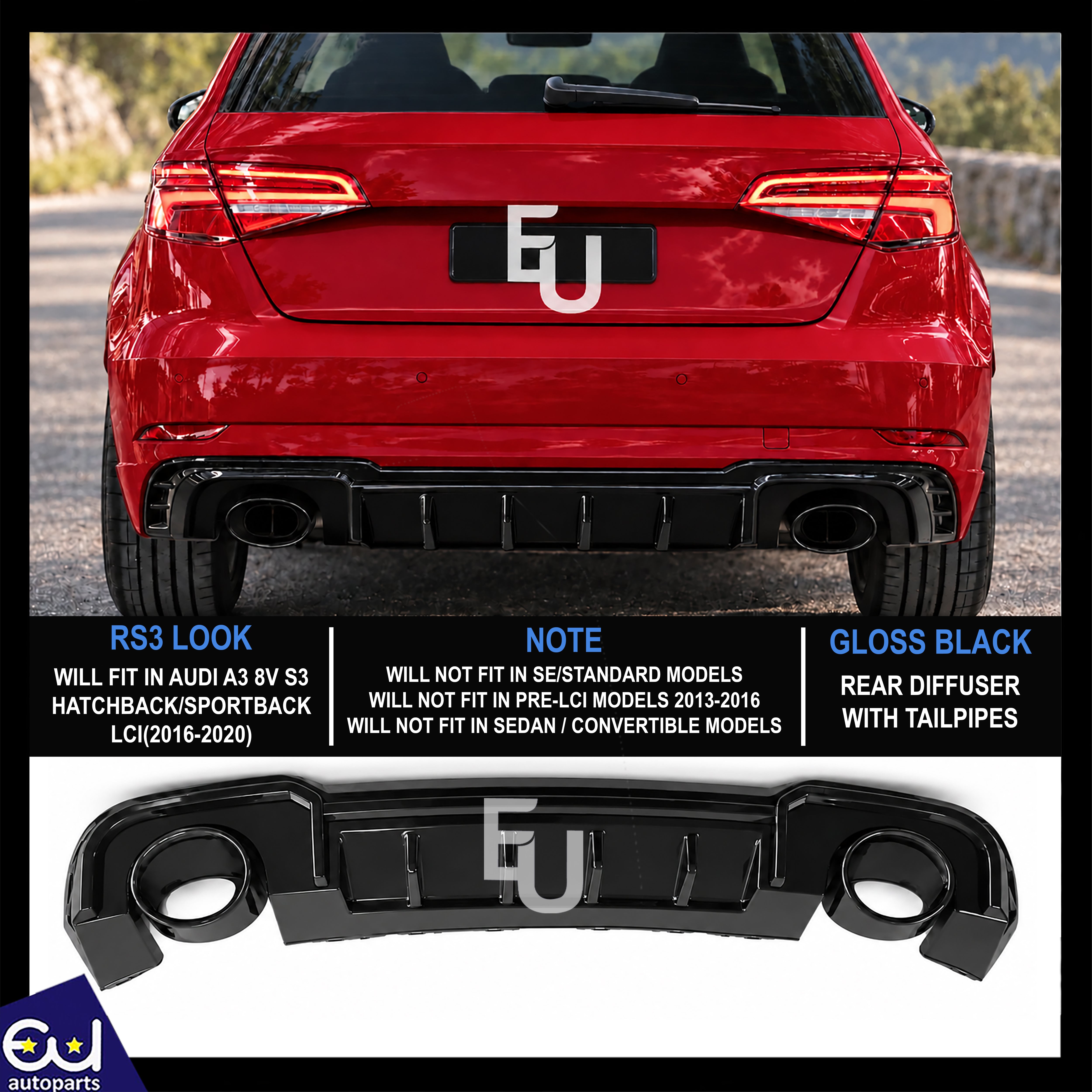 FOR AUDI A3 S-LINE 8V HATCHBACK RS3 LOOK REAR DIFFUSER WITH TAILPIPE BLACK 16-20