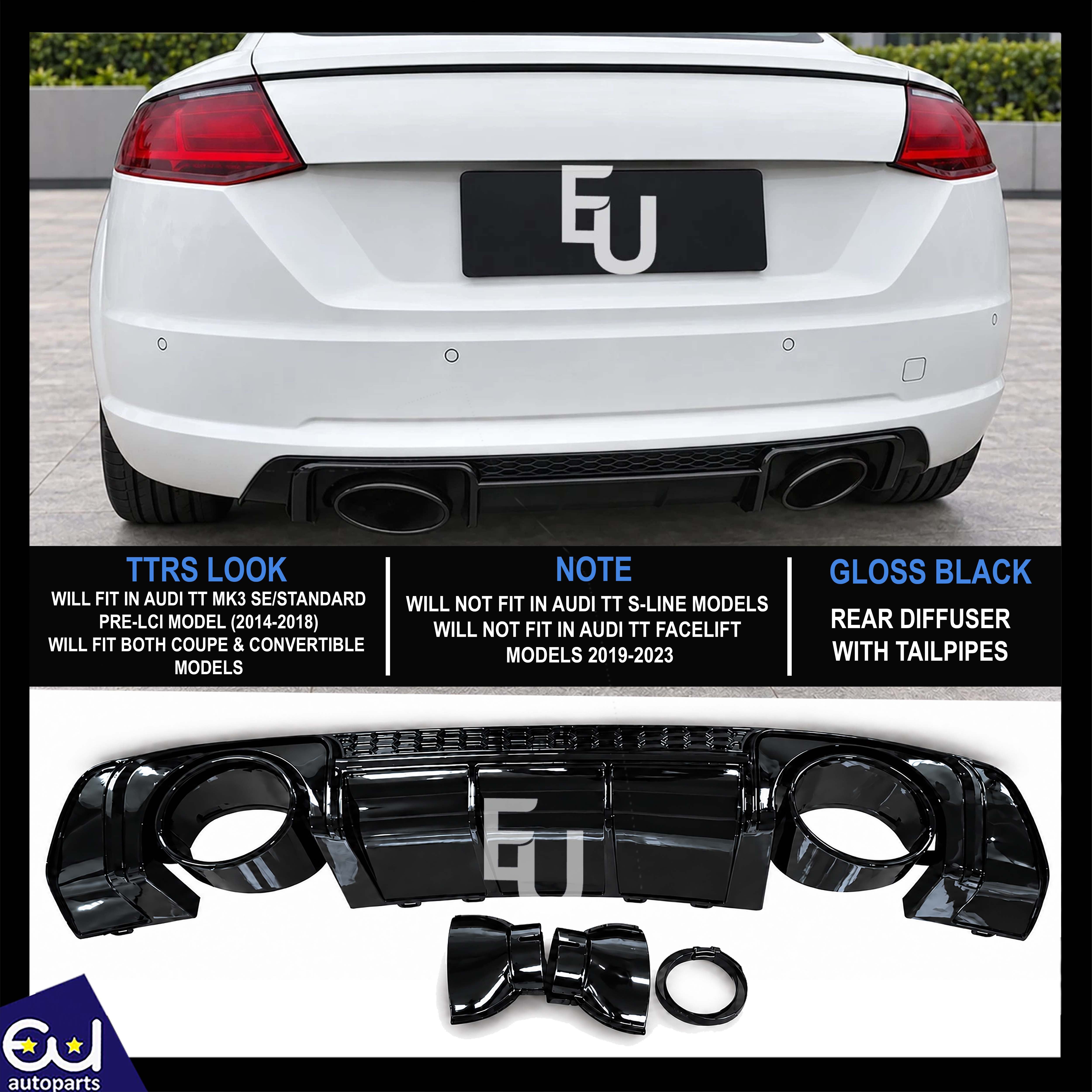 GLOSS BLACK REAR BUMPER DIFFUSER TTRS LOOK FOR AUDI TT MK3 W/TAILPIPE 2015-2018
