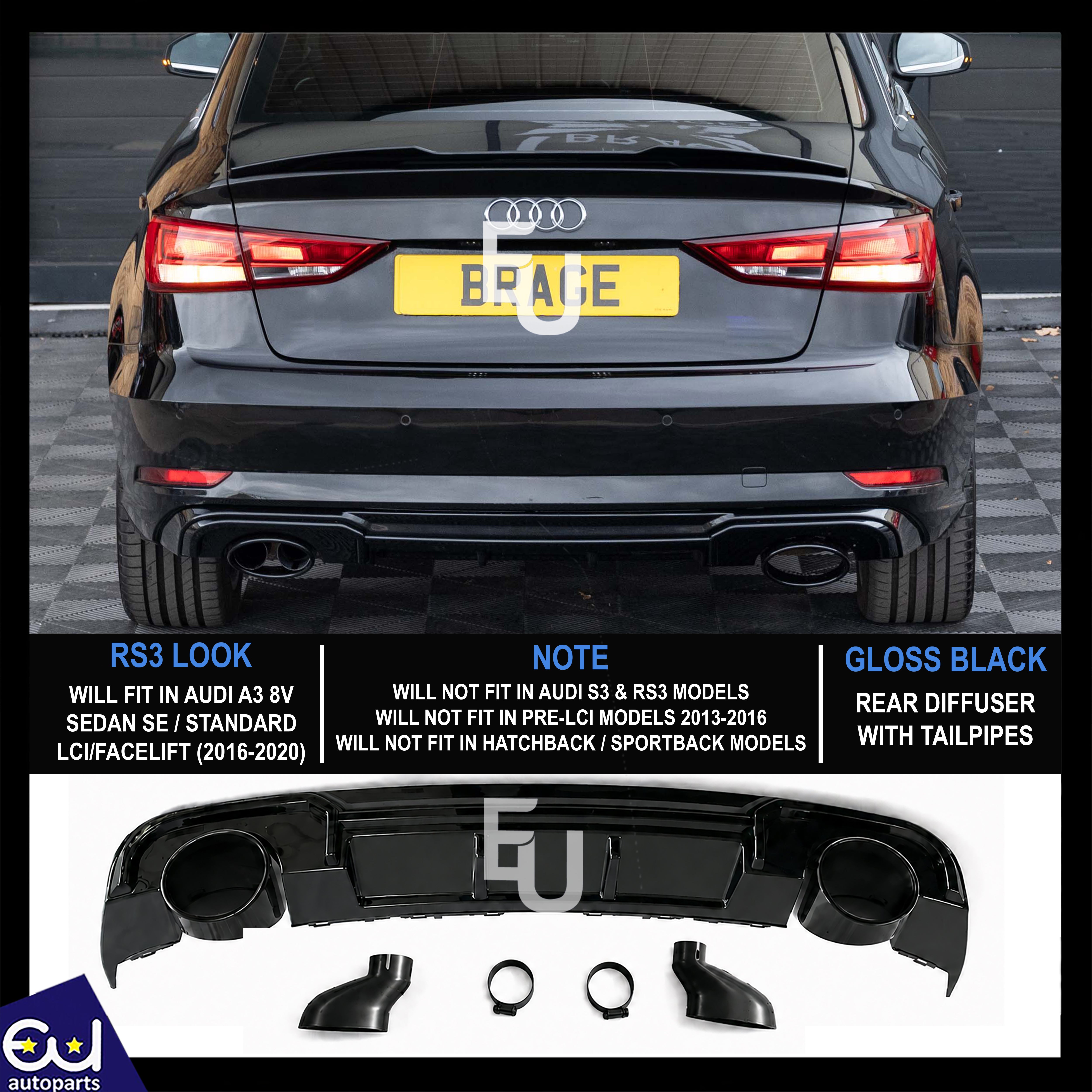 FOR AUDI A3 8V SEDAN STANDARD RS3 LOOK REAR DIFFUSER WITH TAILPIPE BLACK 16-20