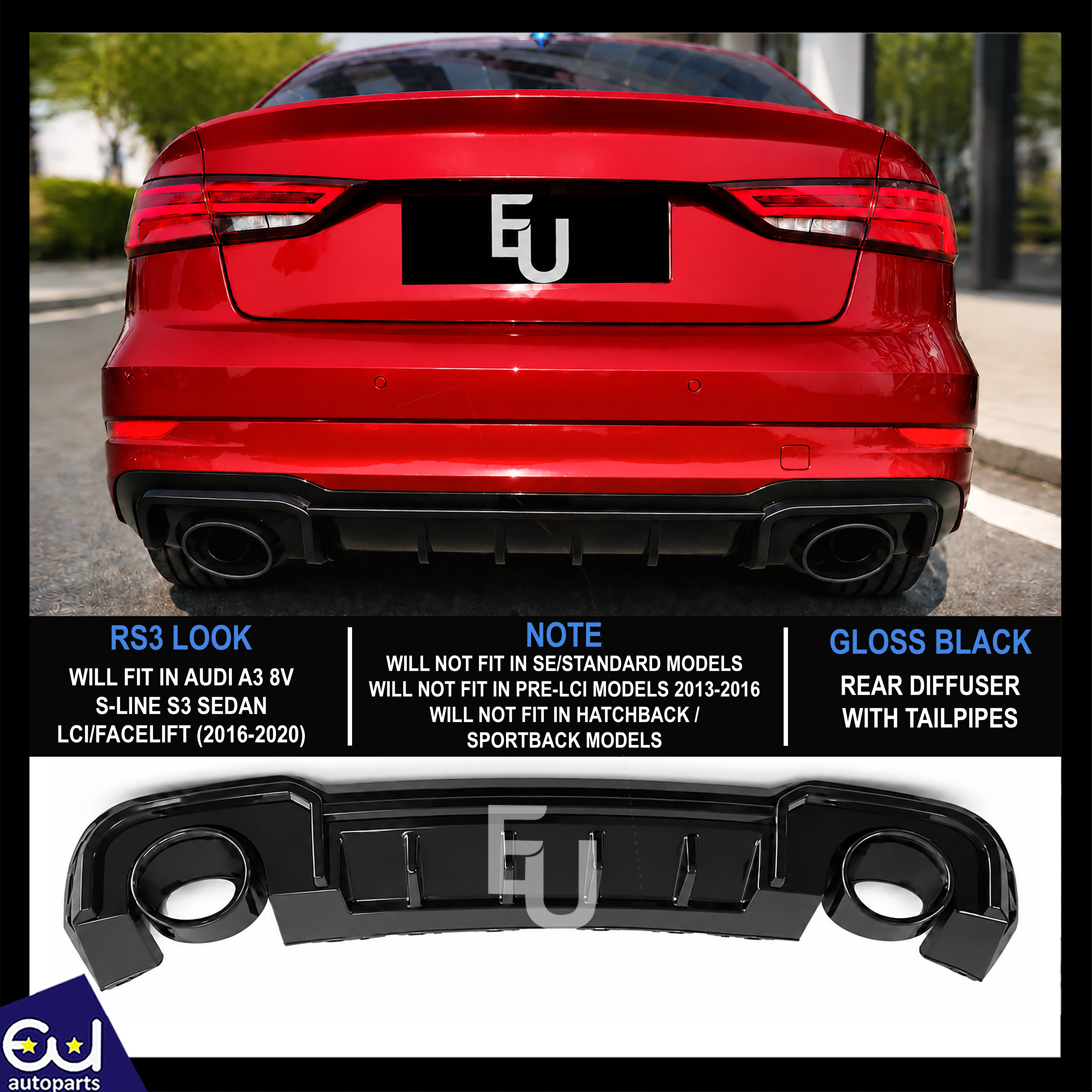 FOR AUDI A3 S-LINE 8V SEDAN RS3 LOOK REAR BUMPER DIFFUSER W/TAILPIPE BLACK 16-20