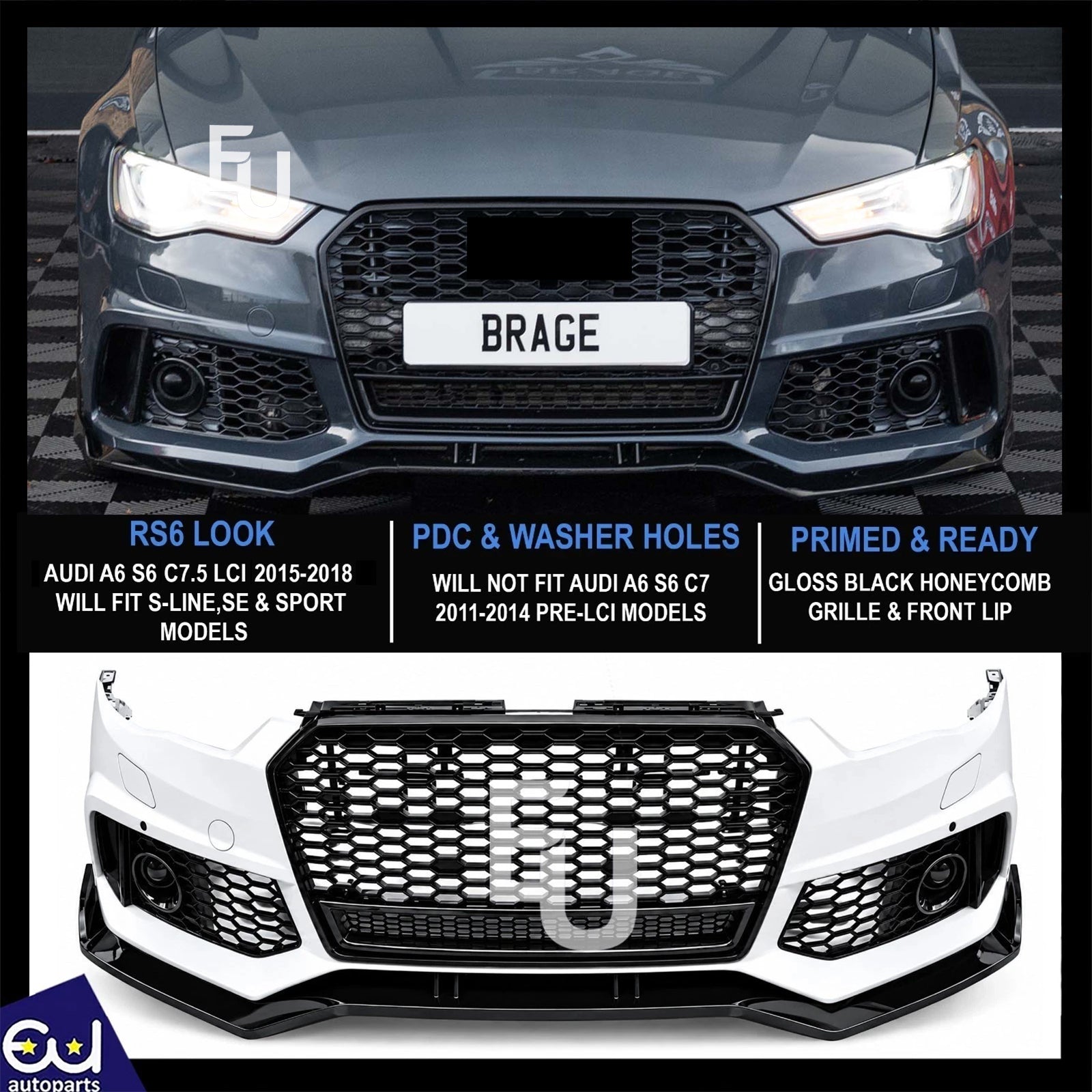 RS6 LOOK FRONT BUMPER CONVERSION BODYKIT W/SPLITTER FOR AUDI A6 S6 C7.5 15-18