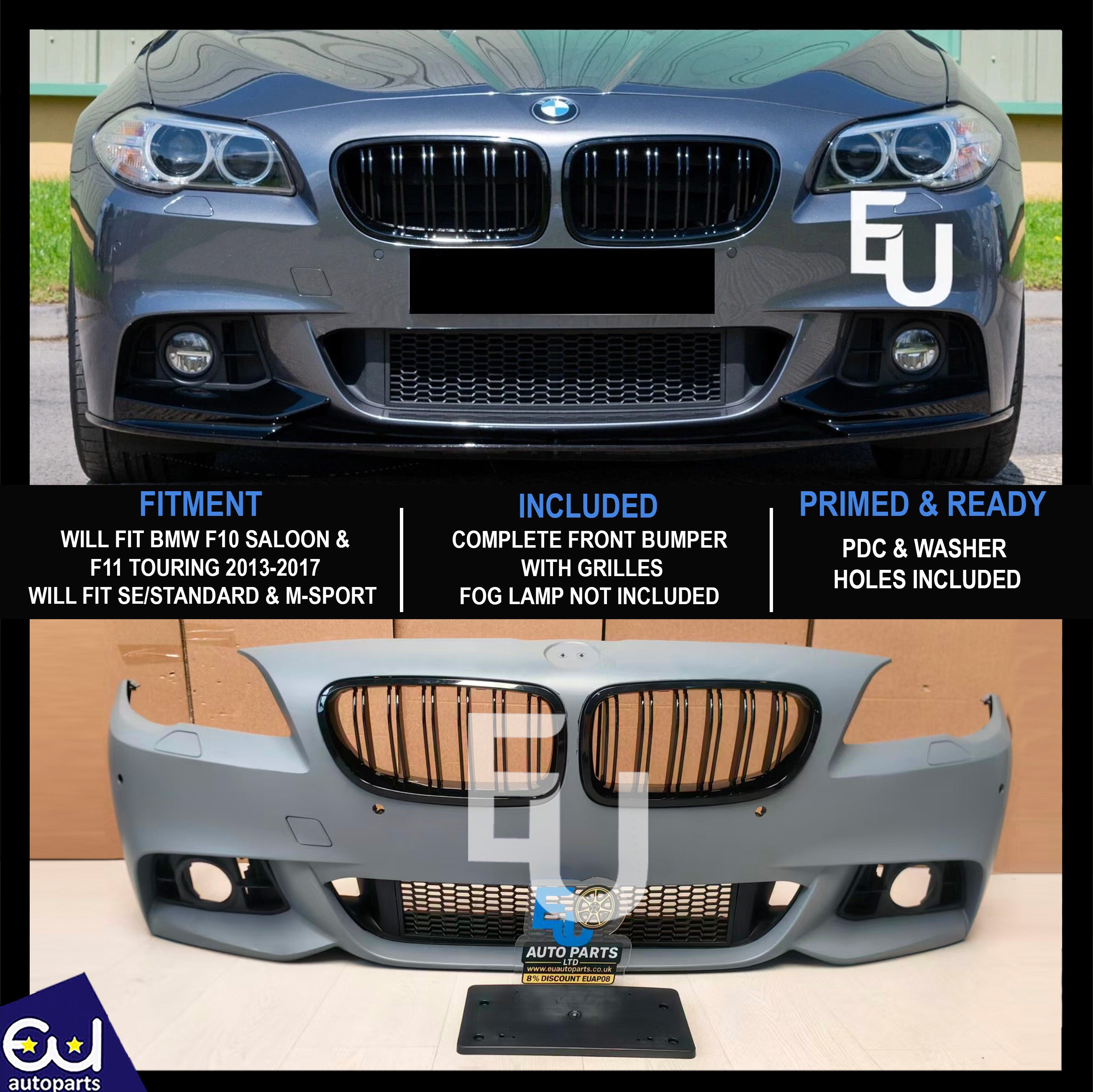 FRONT BUMPER FOR BMW 5 SERIES F10 F11 M-SPORT 2013-17 PRIMED PDC & WASHER HOLES