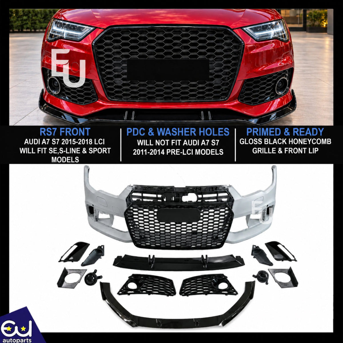 RS7 LOOK FRONT BUMPER CONVERSION KIT FOR AUDI A7 S7 C7.5 15-18 GRILLE W/SPLITTER