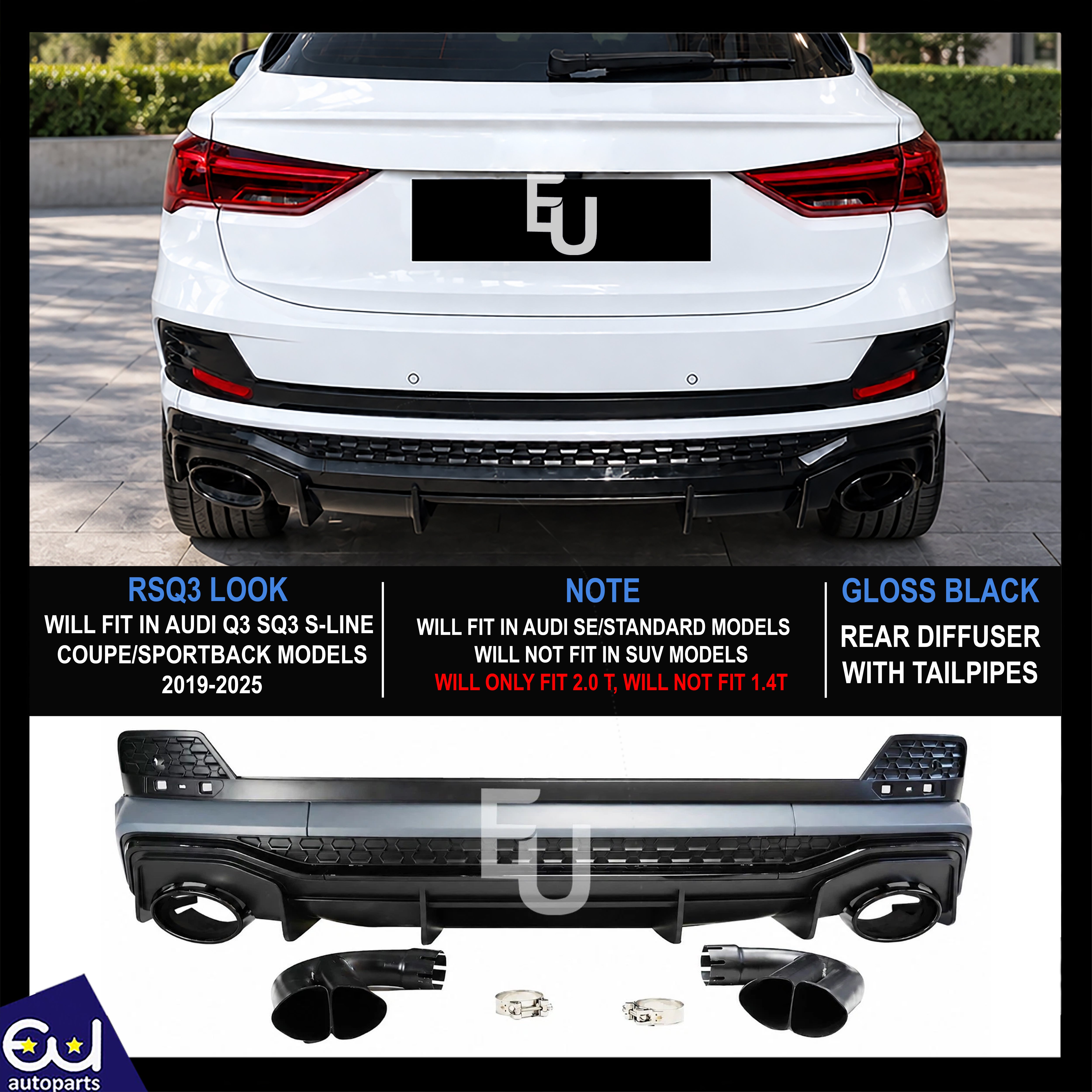 FOR AUDI Q3 F3 2.0 SPORTBACK S-LINE RSQ3 STYLE REAR DIFFUSER TAILPIPES 2019-2025