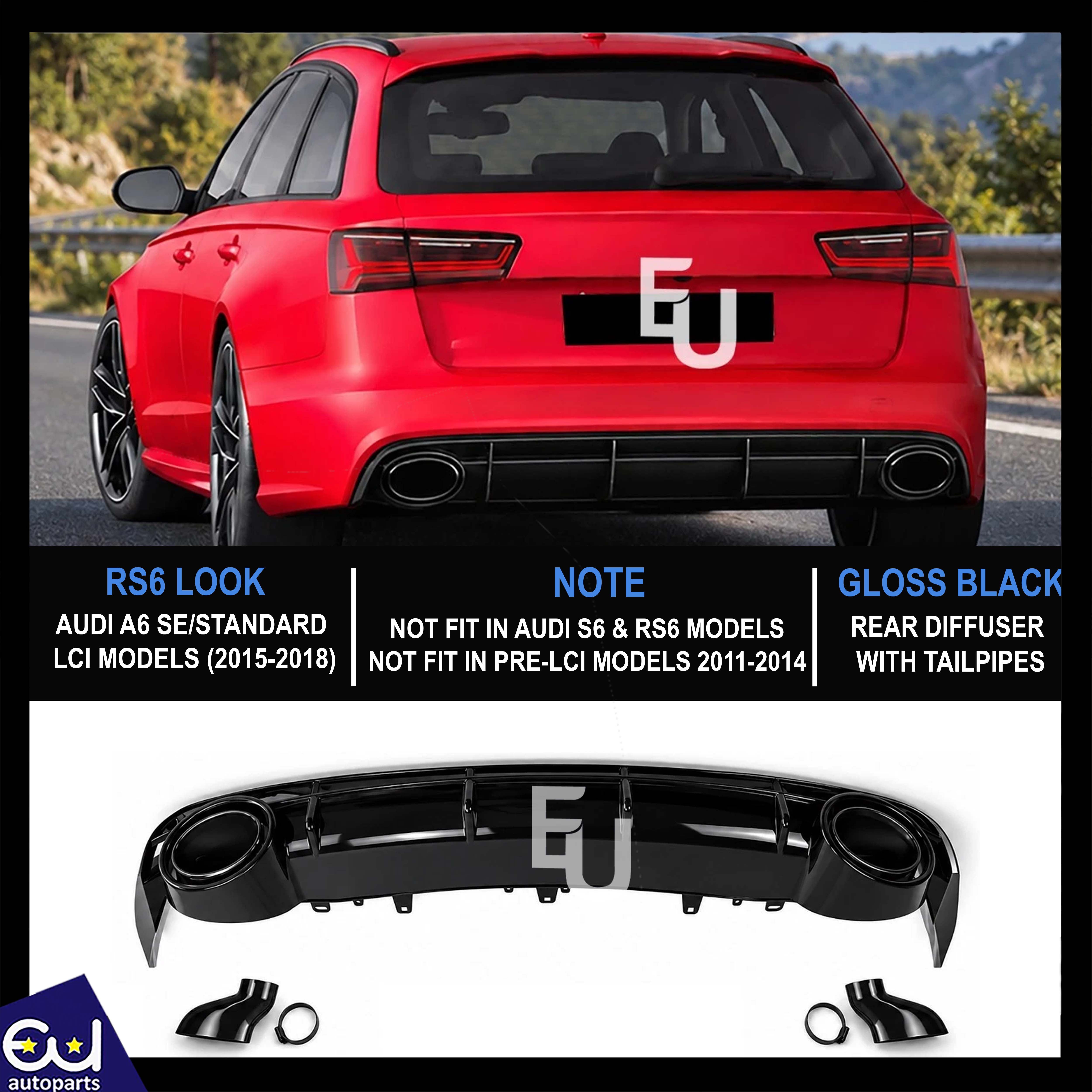 FOR AUDI A6 C7.5 SE STANDARD RS6 LOOK LCI GLOSS BLACK REAR DIFFUSER TAILPIPE 15-18