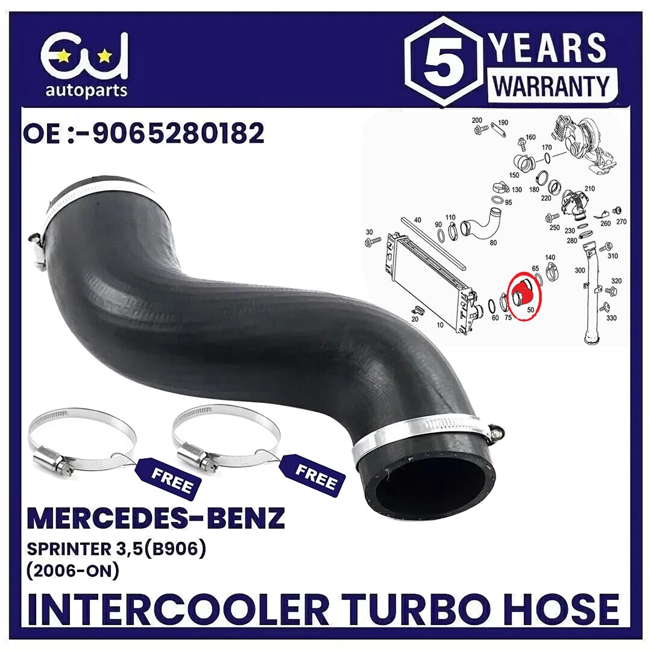 FOR MERCEDES  INTERCOOLER TURBO HOSE PIPE SPRINTER W906 2.2 3.0 CDI 9065280182