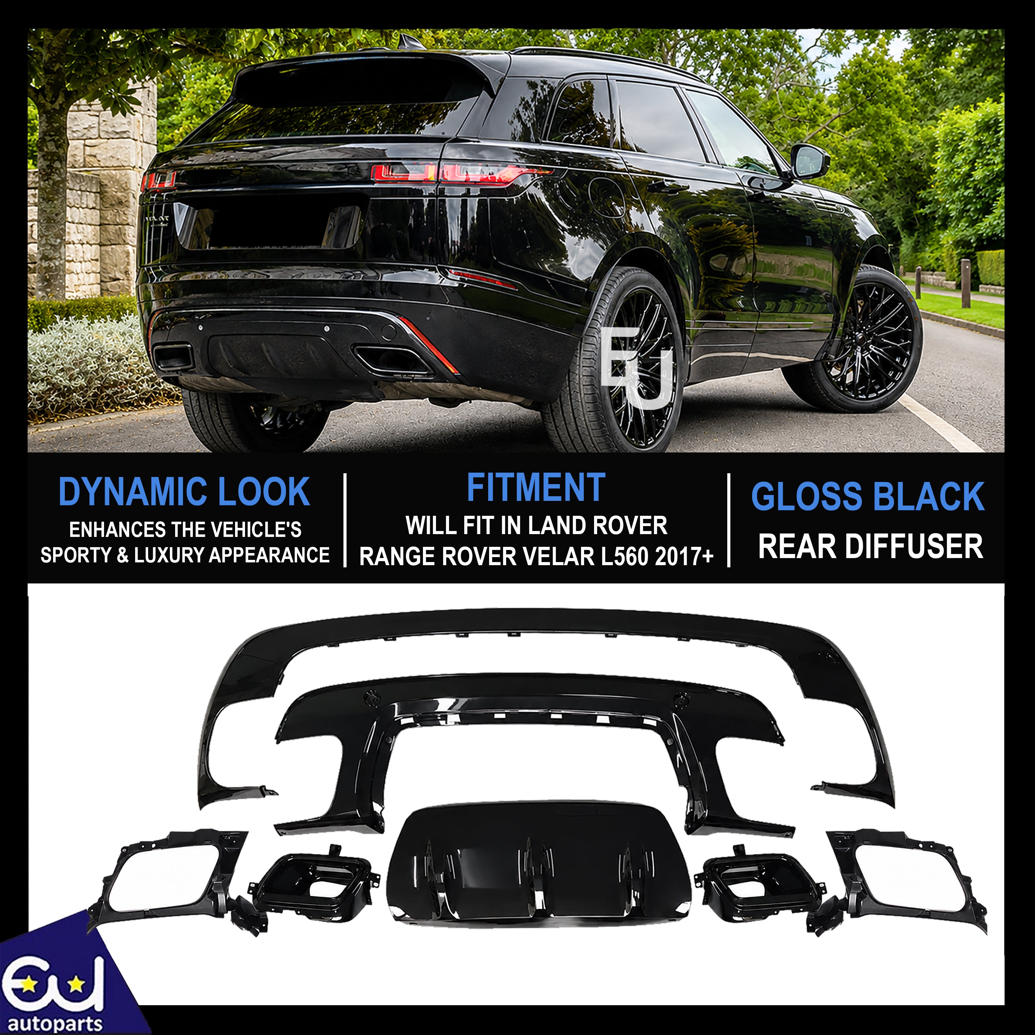 FOR RANGE ROVER VELAR L560 17+ REAR BUMPER DIFFUSER DYNAMIC LOOK BODYKIT TRIM