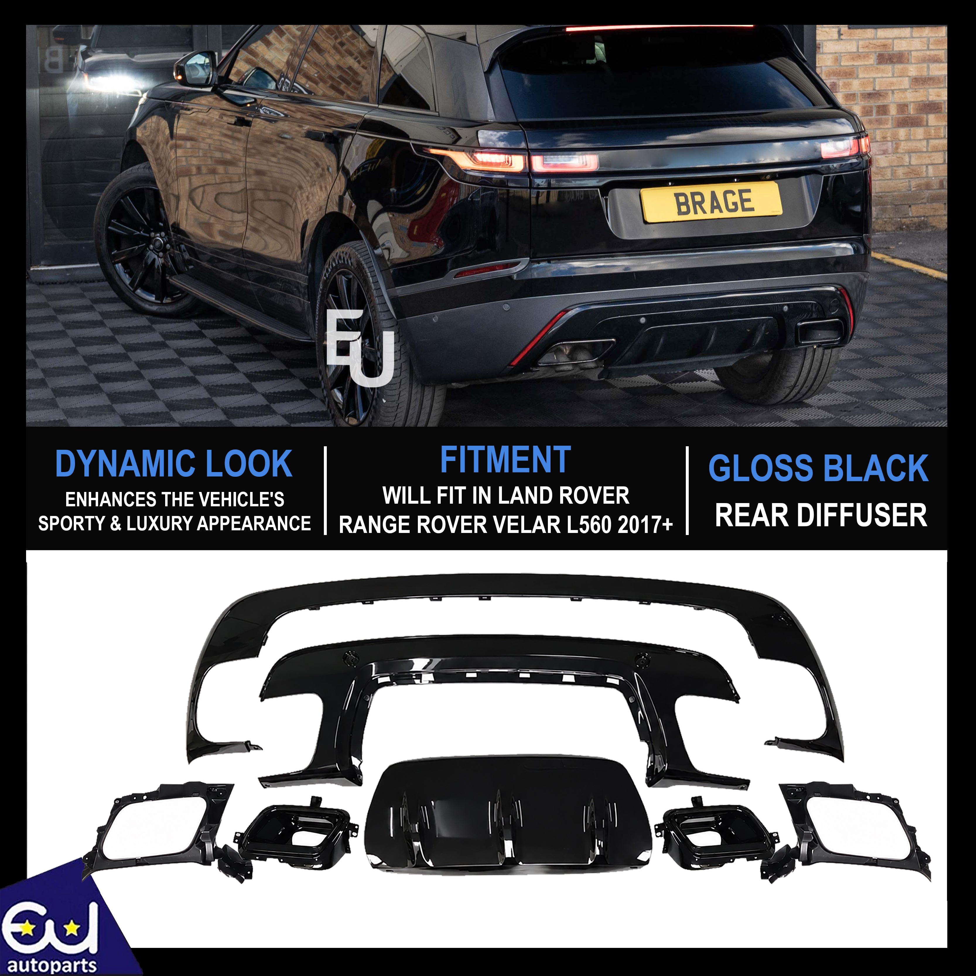 FOR RANGE ROVER VELAR L560 17+ REAR BUMPER DIFFUSER DYNAMIC LOOK BODYKIT TRIM